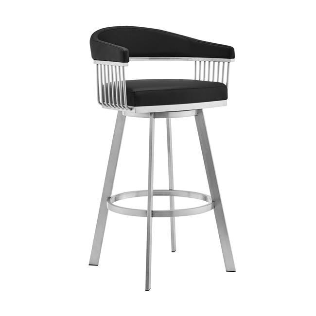 30" Mod Swivel Bar Stool in Black Faux Leather with Brushed Silver Finish