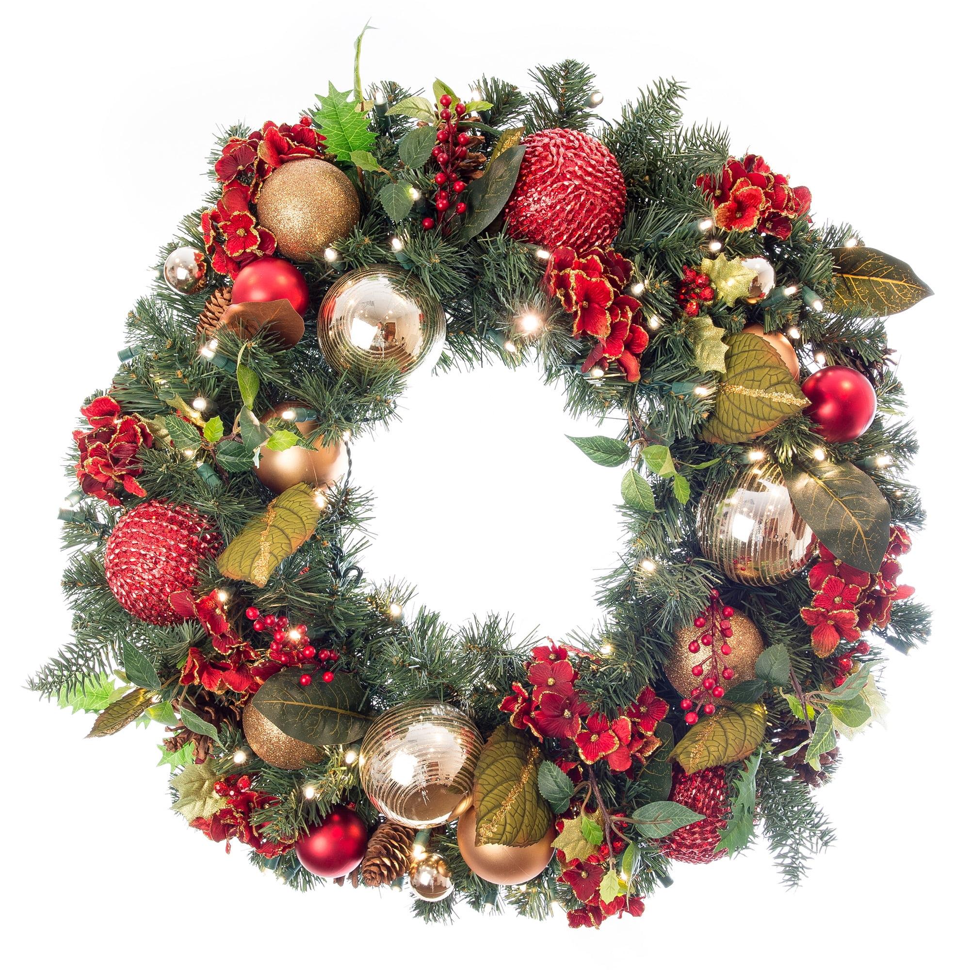 30-Inch Red and Gold Pre-Lit Christmas Wreath with Hydrangeas