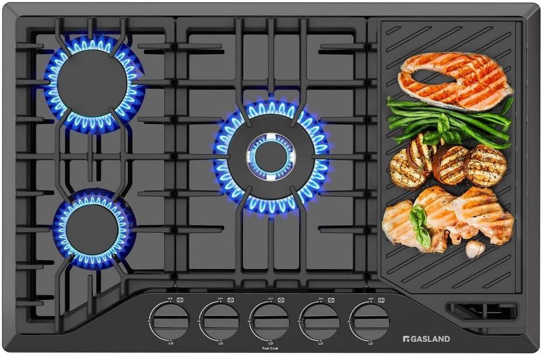 30 Inch Black Stainless Steel 5-Burner Gas Cooktop with Griddle