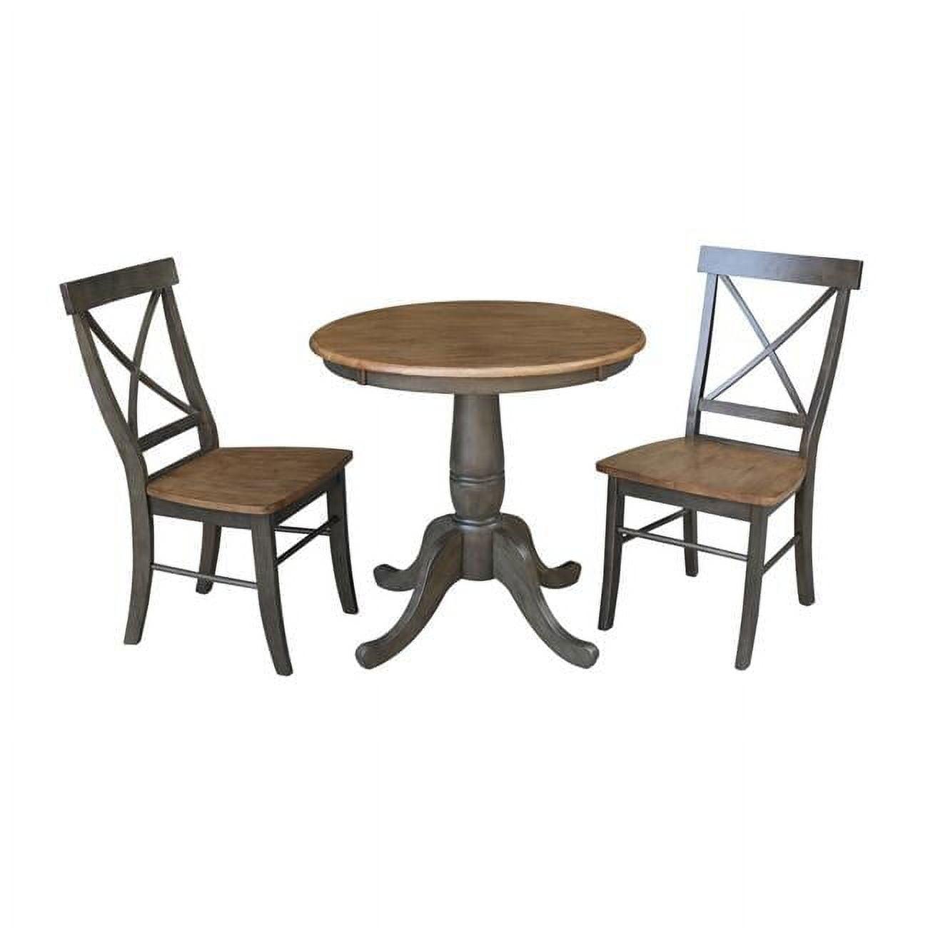 Hickory and Washed Coal 30" Round Pedestal Table with 2 X-Back Chairs