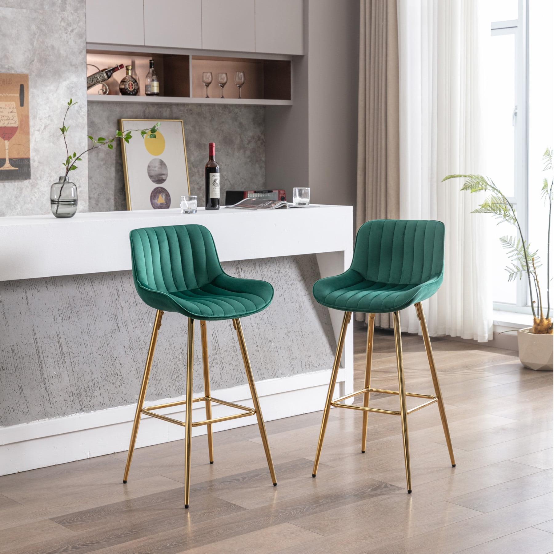 30 inch Set of 2 Bar Stools, Counter Height Bar Stools with Chrome Footrest Velvet Fabric Counter Stool Bar Chairs with Golden Leg Modern High Bar Stool for Kitchen Island, Pub, Cafe, Green