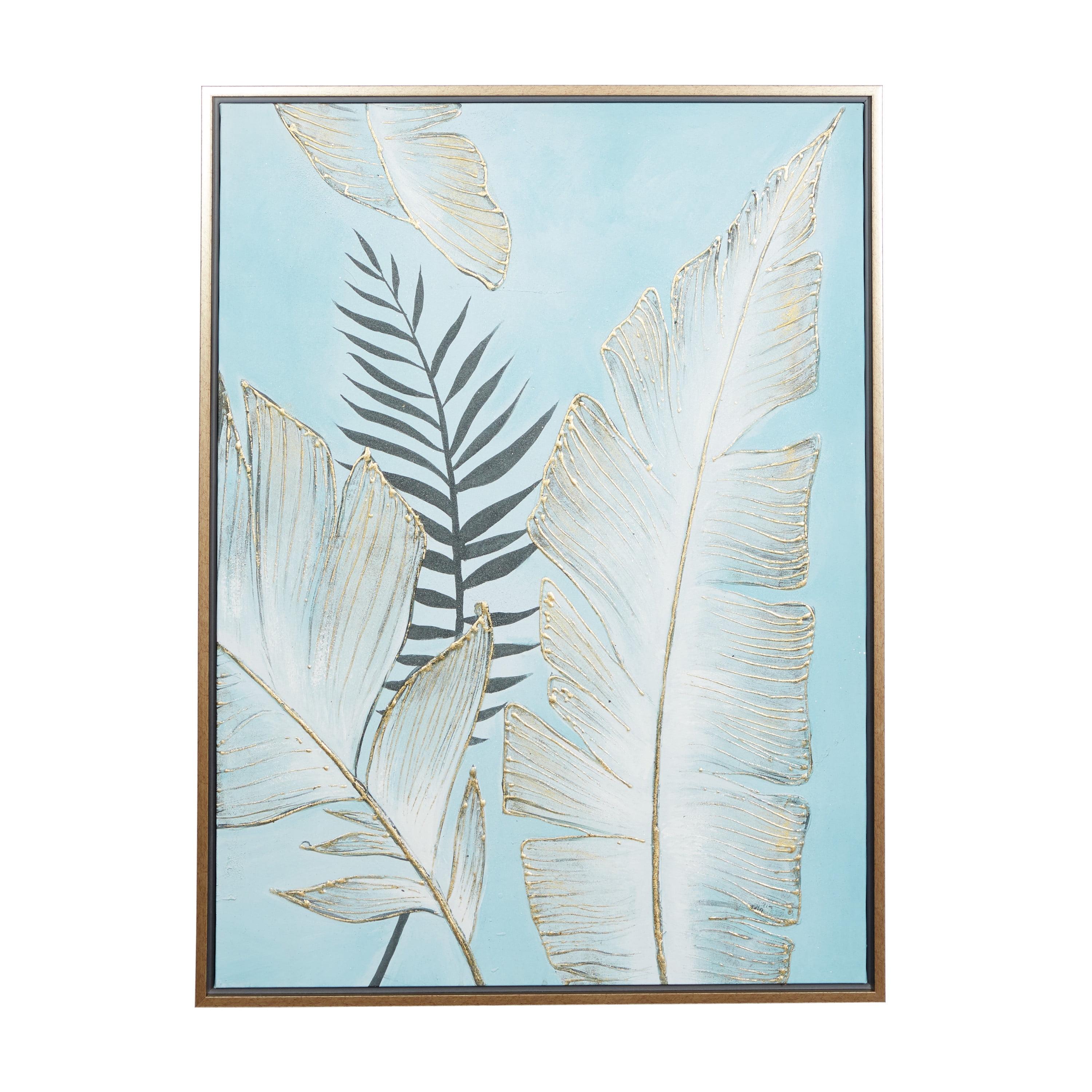 30" x 40" Blue Tropical Leaf Acrylic Painting with Gold Trim