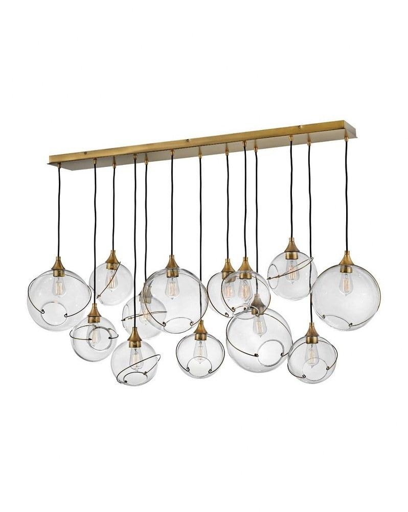 Heritage Brass 13-Light Asymmetrical Linear Pendant with Clear Glass Globes