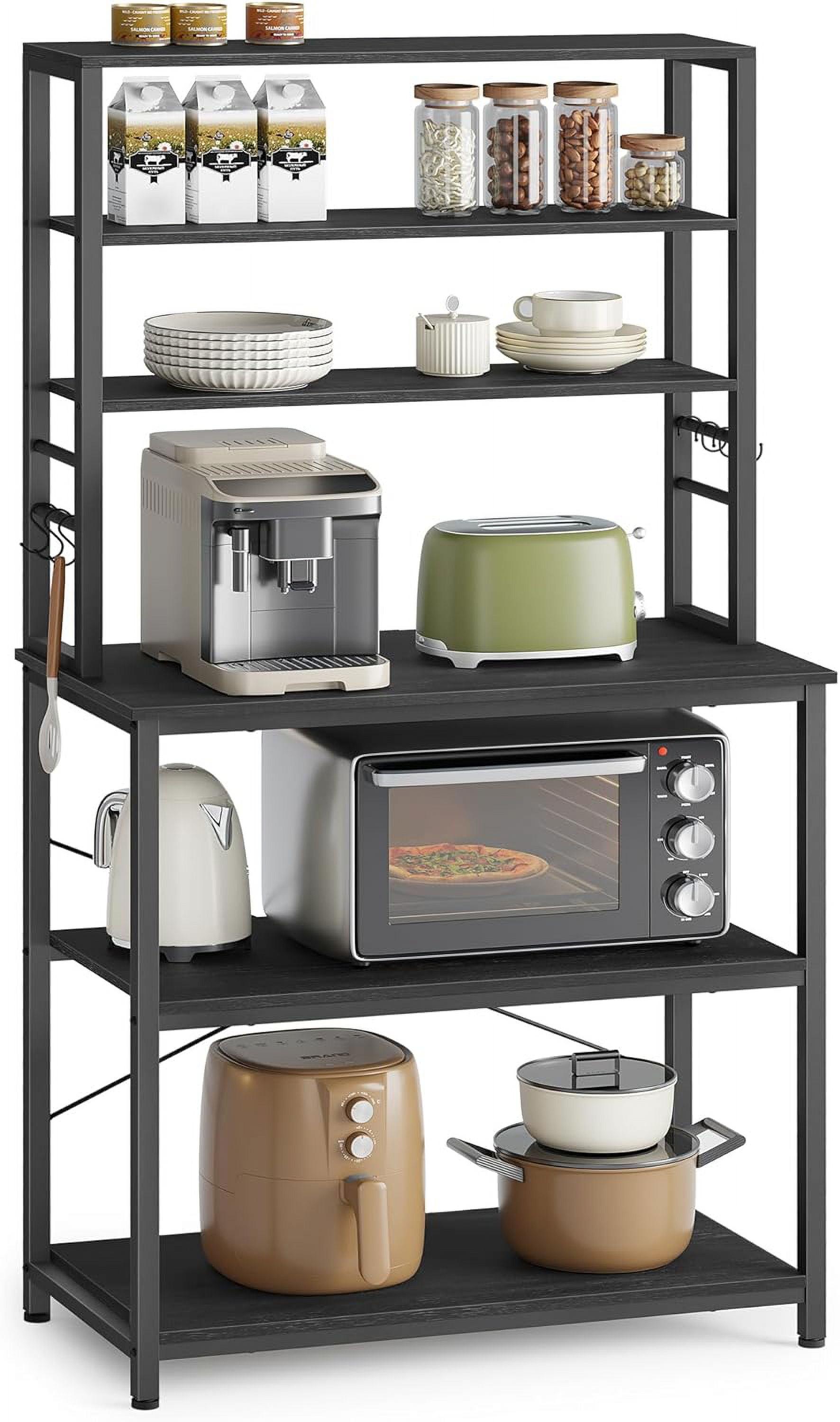 31.5 Inches Coffee Bar Baker's Rack for Kitchen with Storage, 6-Tier Shelves with 6 Hooks, Microwave Stand, Industrial Style, Charcoal Gray and Black UKKS019B22