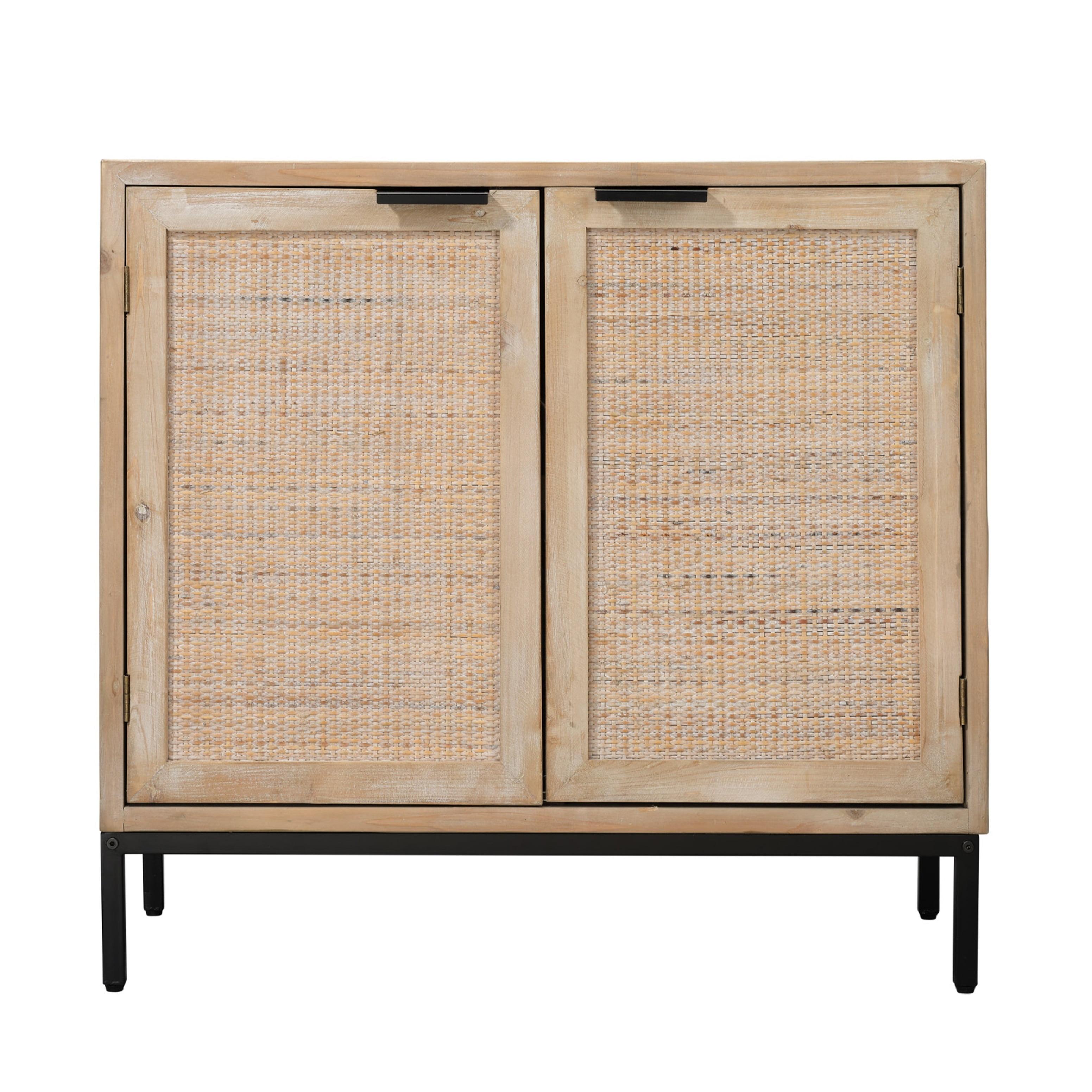 Medium Wood and Black Rattan Accent Cabinet