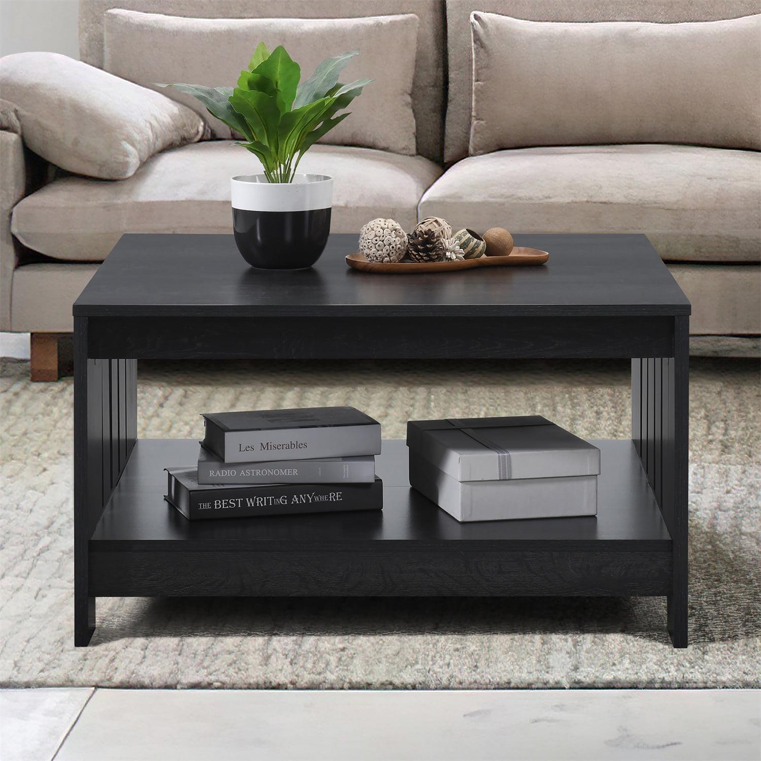 AndMakers 31.5 in. Farmhouse Black Oak Square Coffee Table with Open Storage for Living Room