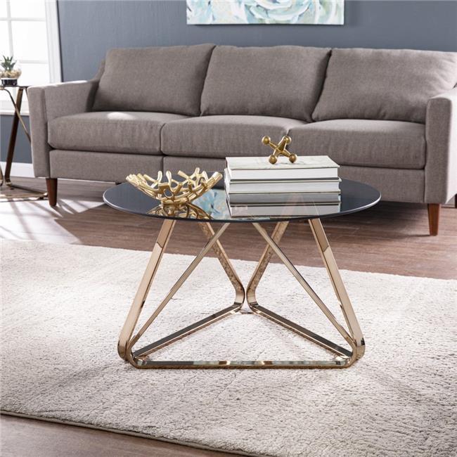 Champagne Metal and Glass Round Coffee Table with Geometric Base