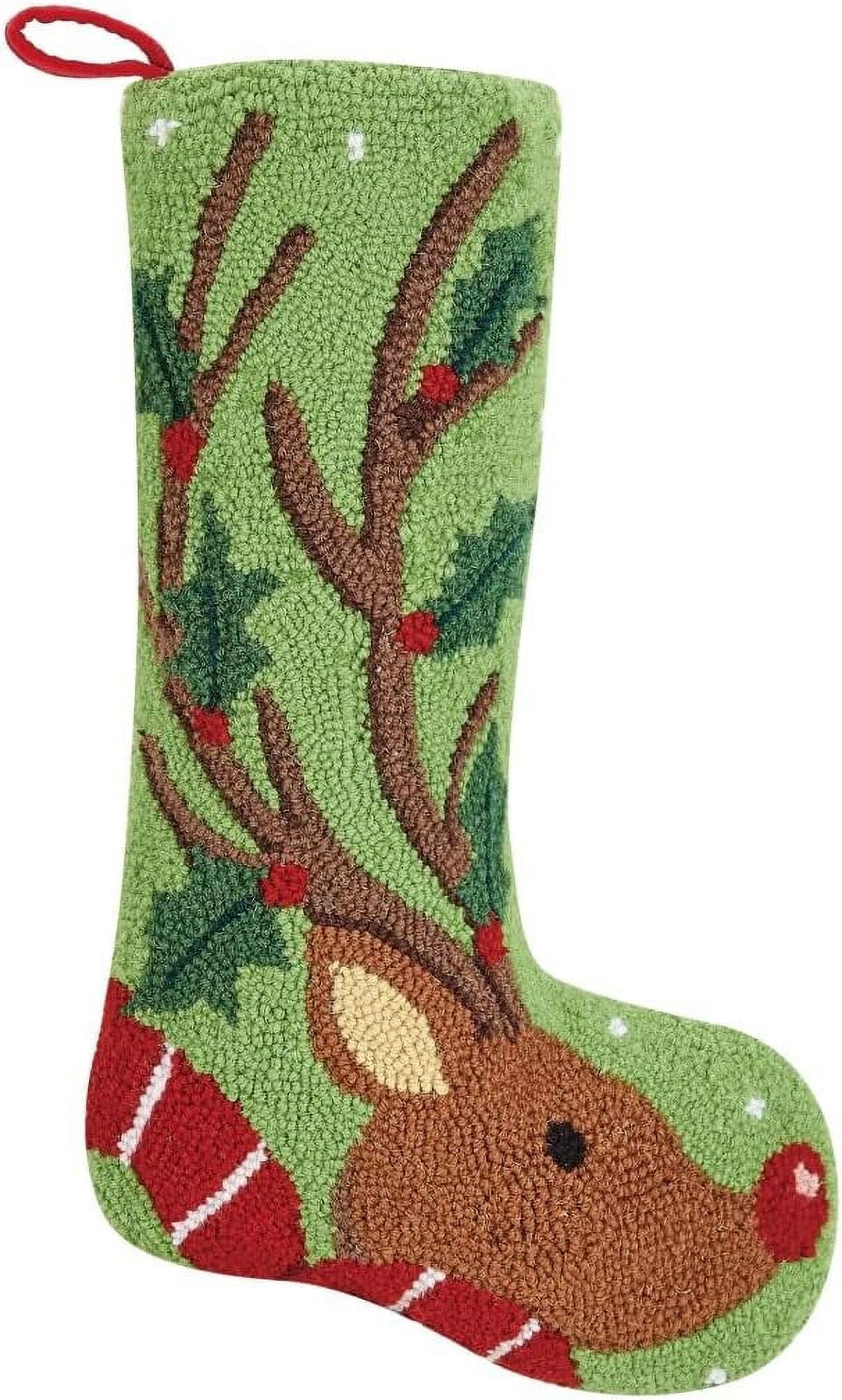 Festive Green Wool Reindeer Christmas Stocking with Hook