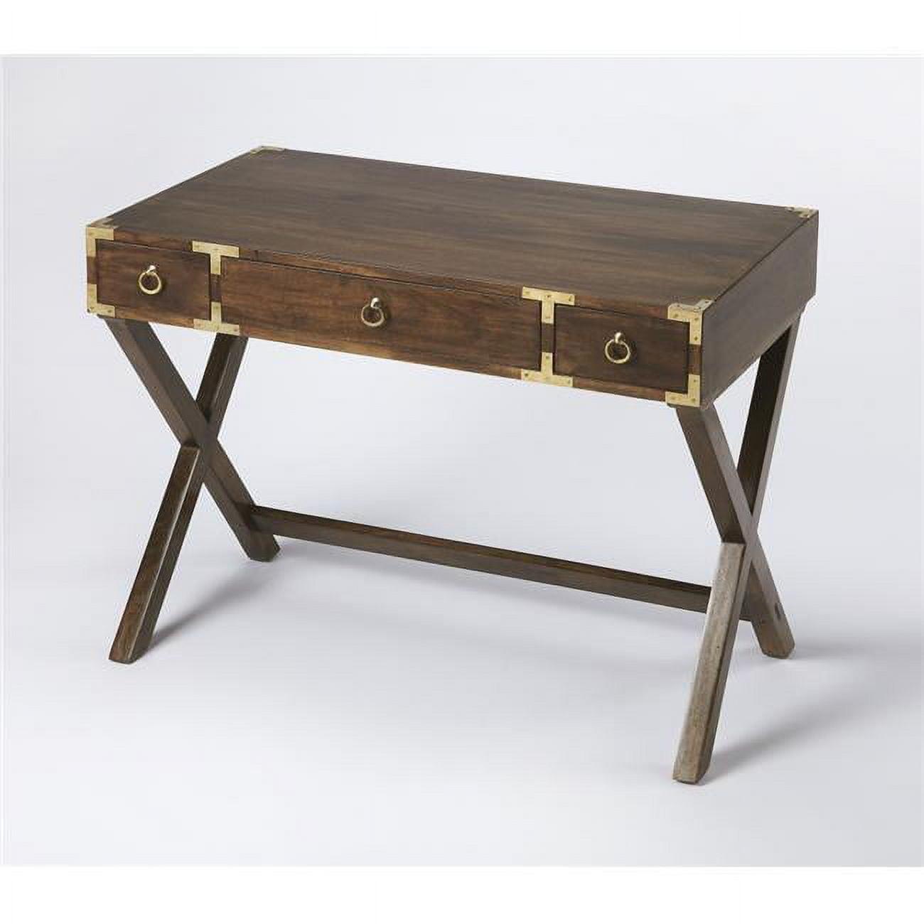 Transitional Walnut Brown Writing Desk with Drawer and Brass Accents