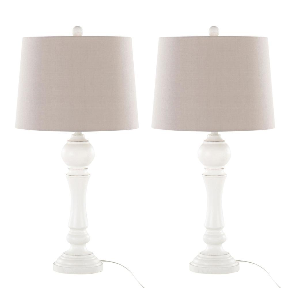 LumiSource (Set of 2) Winston 32" Farmhouse Poly Table Lamps Distressed Off-White Poly with Light Gray Linen Shade from Grandview Gallery