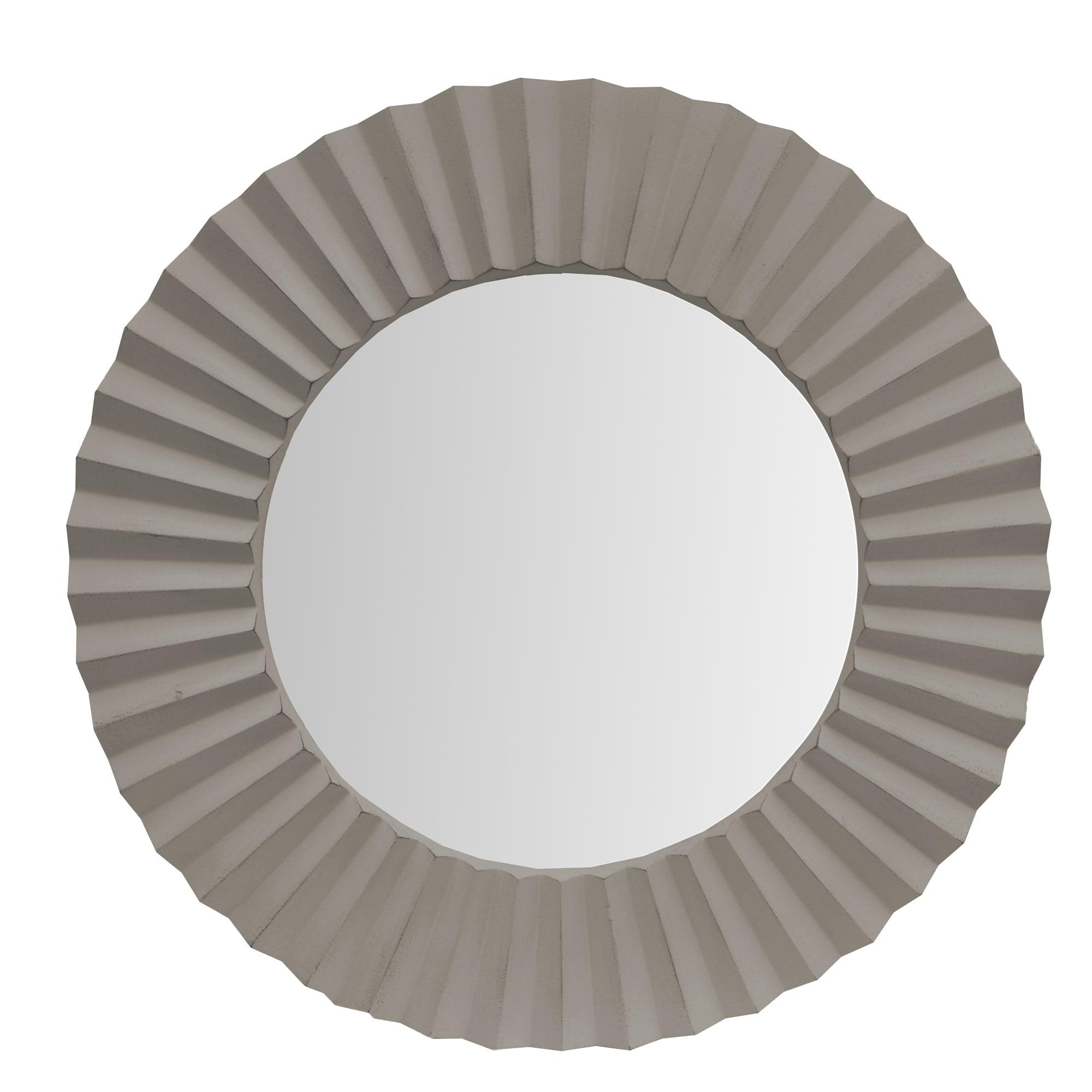 Elegant Gray 32" Round Beveled Corrugated Wooden Wall Mirror