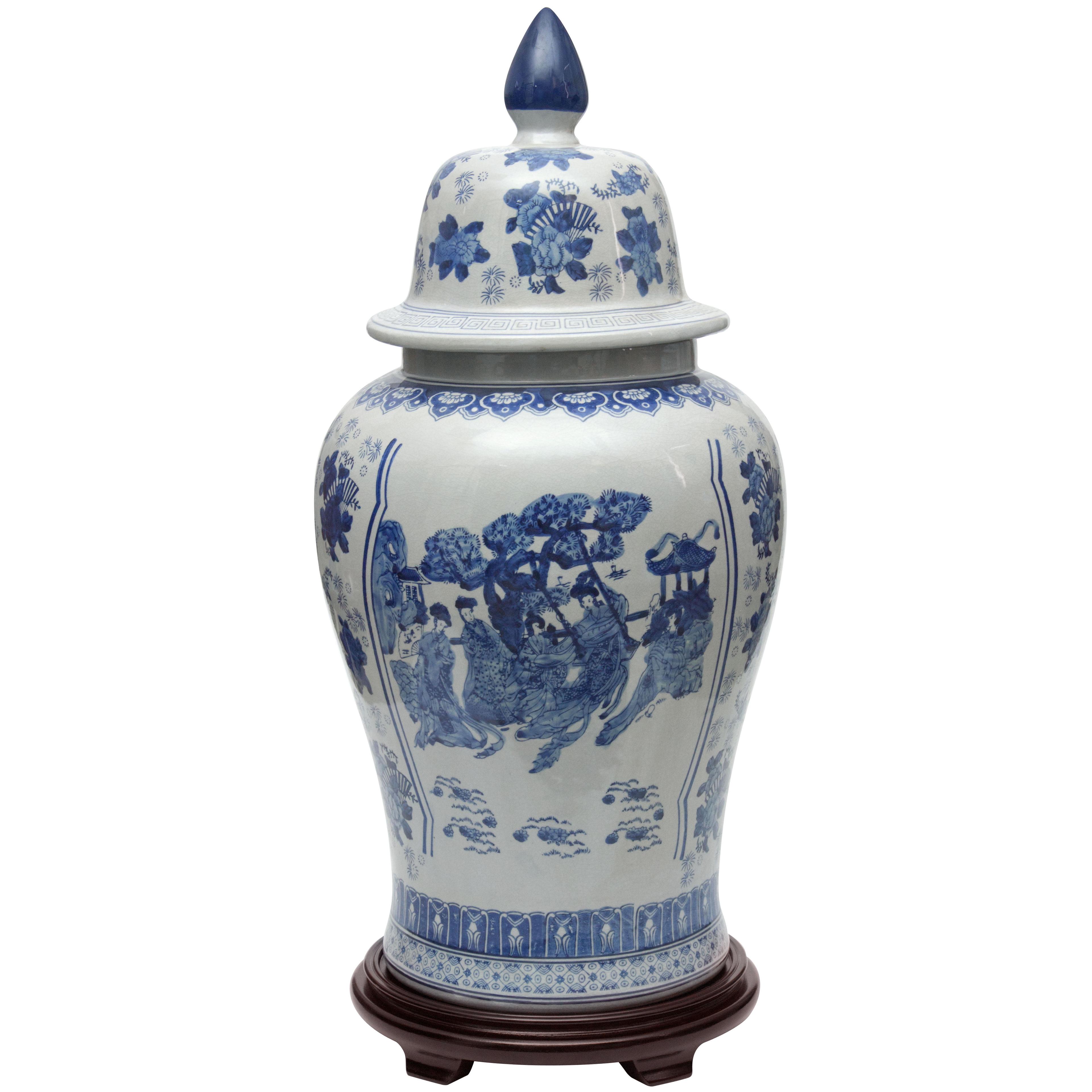 32" Blue and White Porcelain Temple Jar with Floral Design