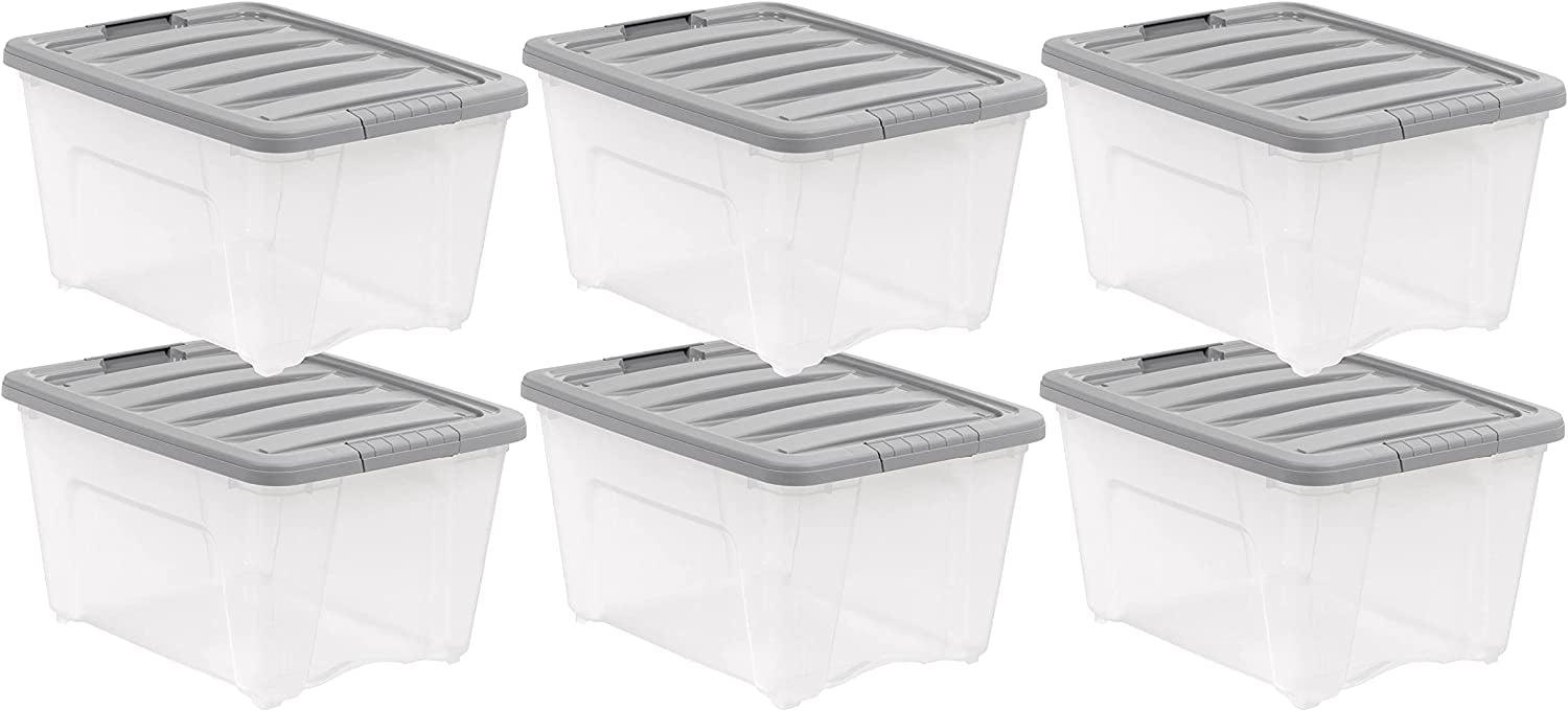 32 Quart Clear and Gray Stackable Plastic Storage Bins with Latching Lids - Pack of 6