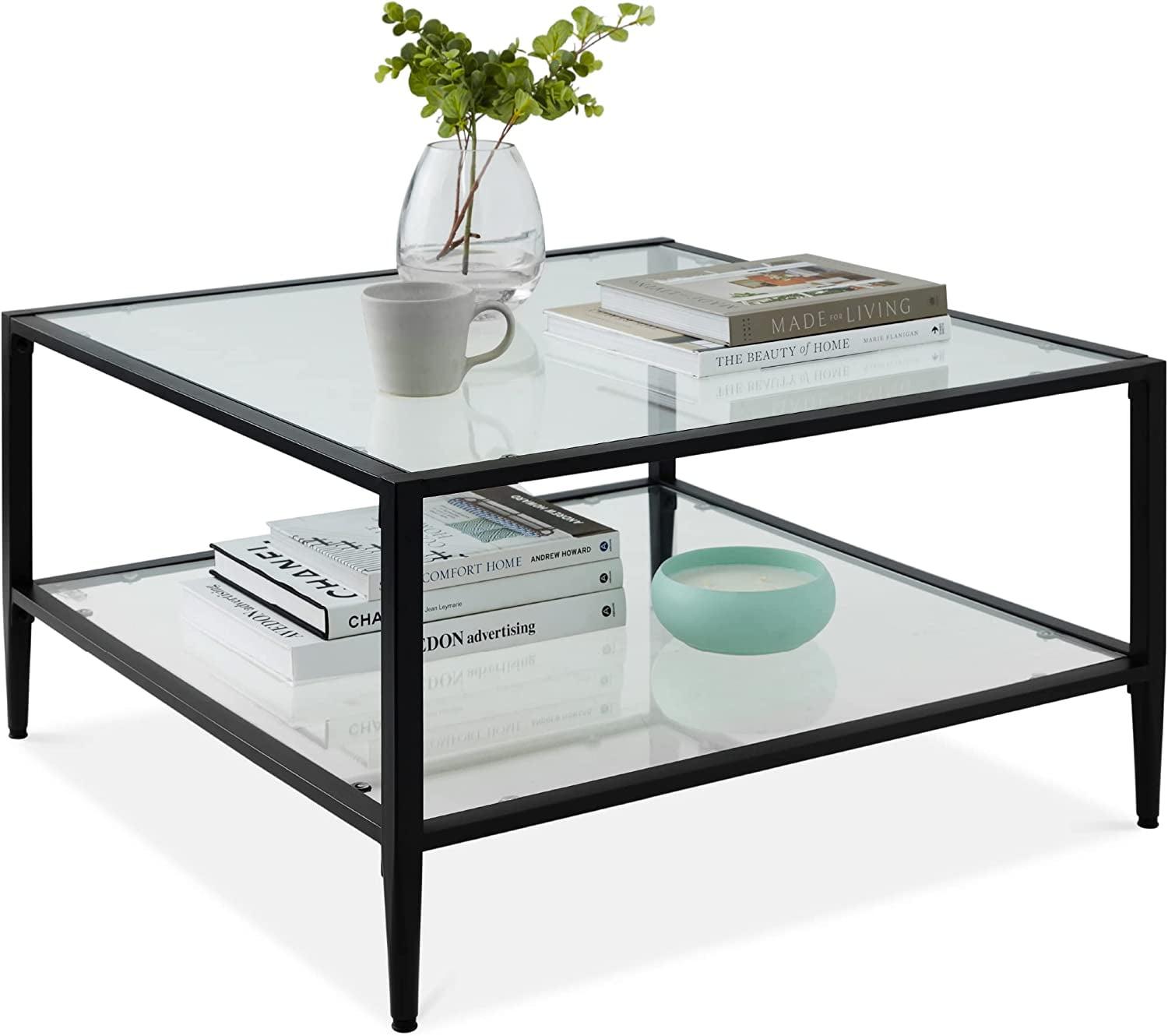 Black Square Metal and Glass 2-Tier Coffee Table