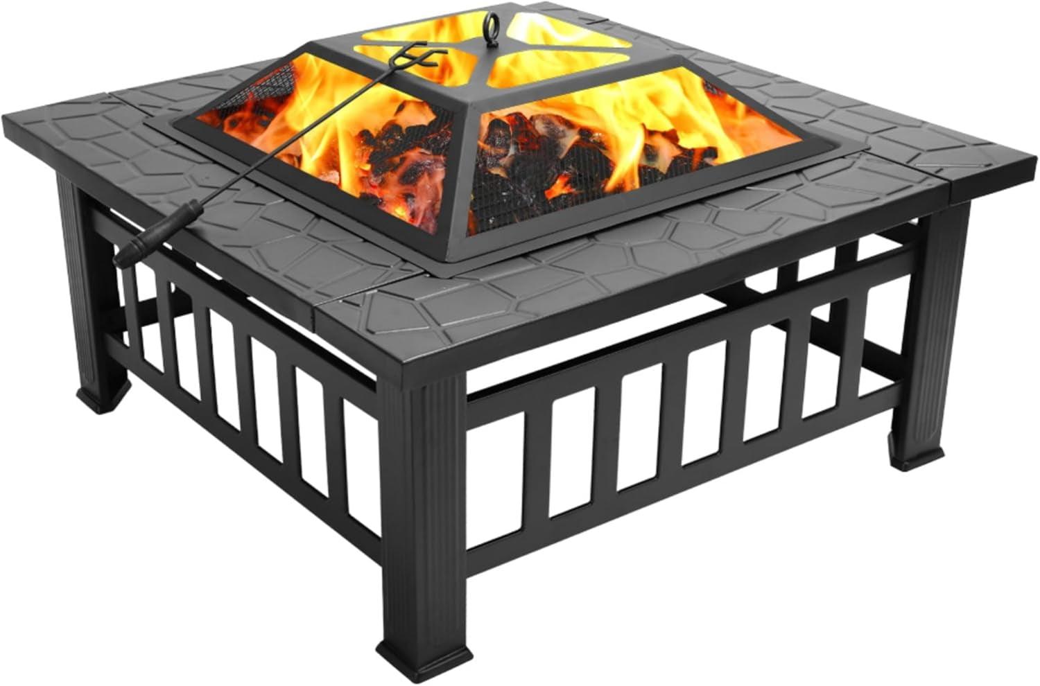 32-Inch Black Iron Square Fire Pit Table