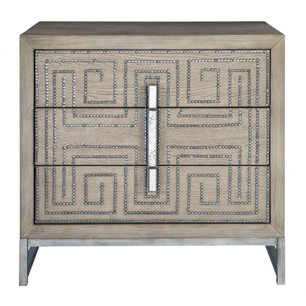 Gray Oak Three-Drawer Accent Chest with Geometric Design