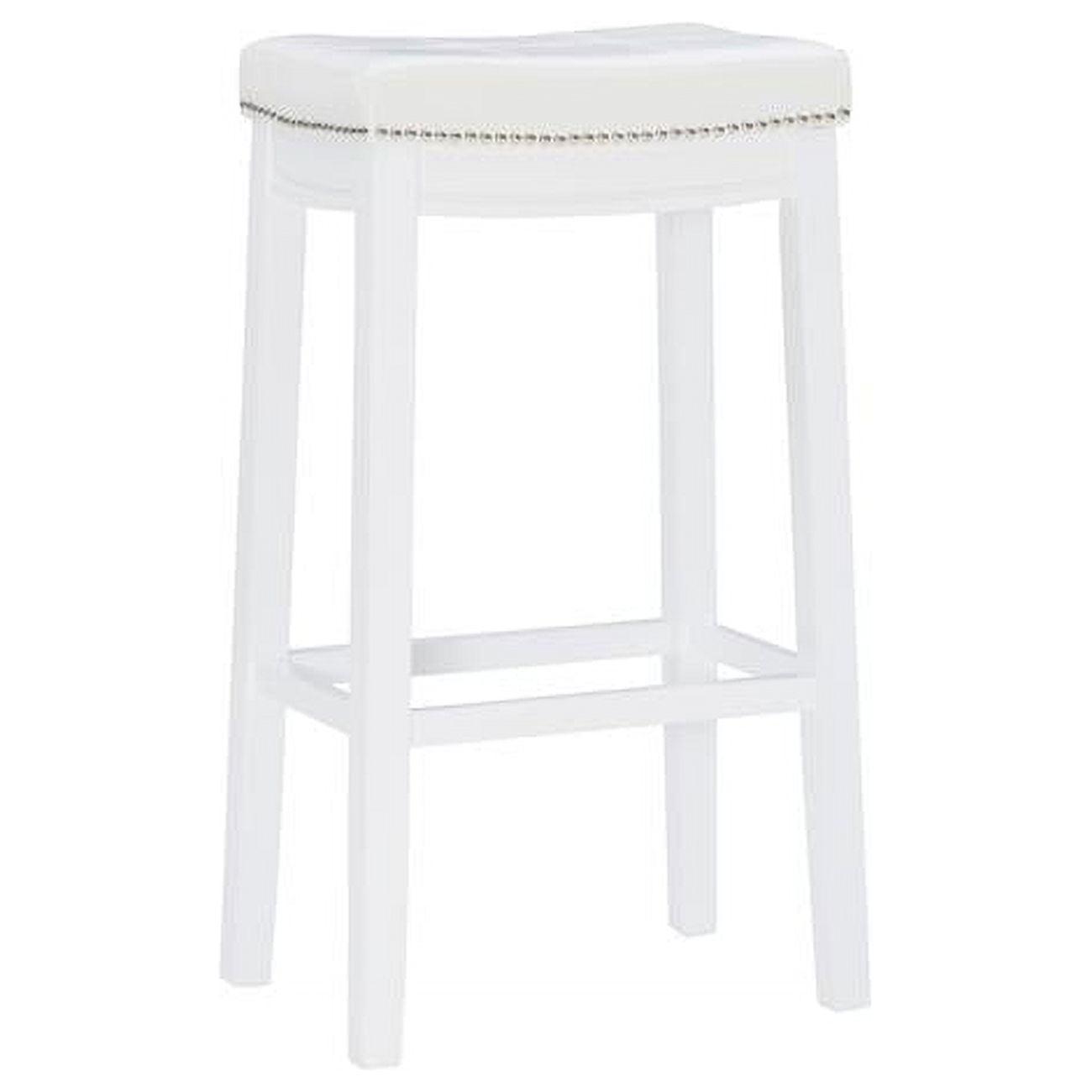 Claridge 32" White Faux Leather and Wood Saddle Barstool with Silver Nailheads