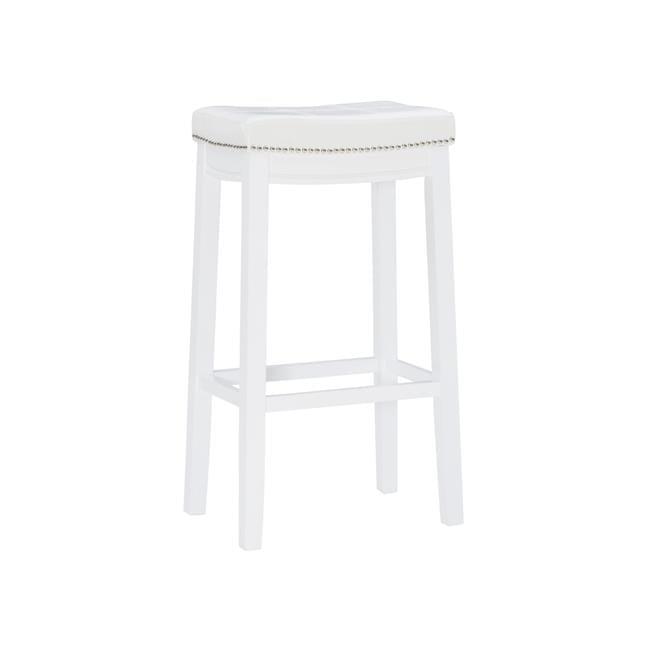 Claridge 32" White Faux Leather and Wood Saddle Barstool with Silver Nailheads