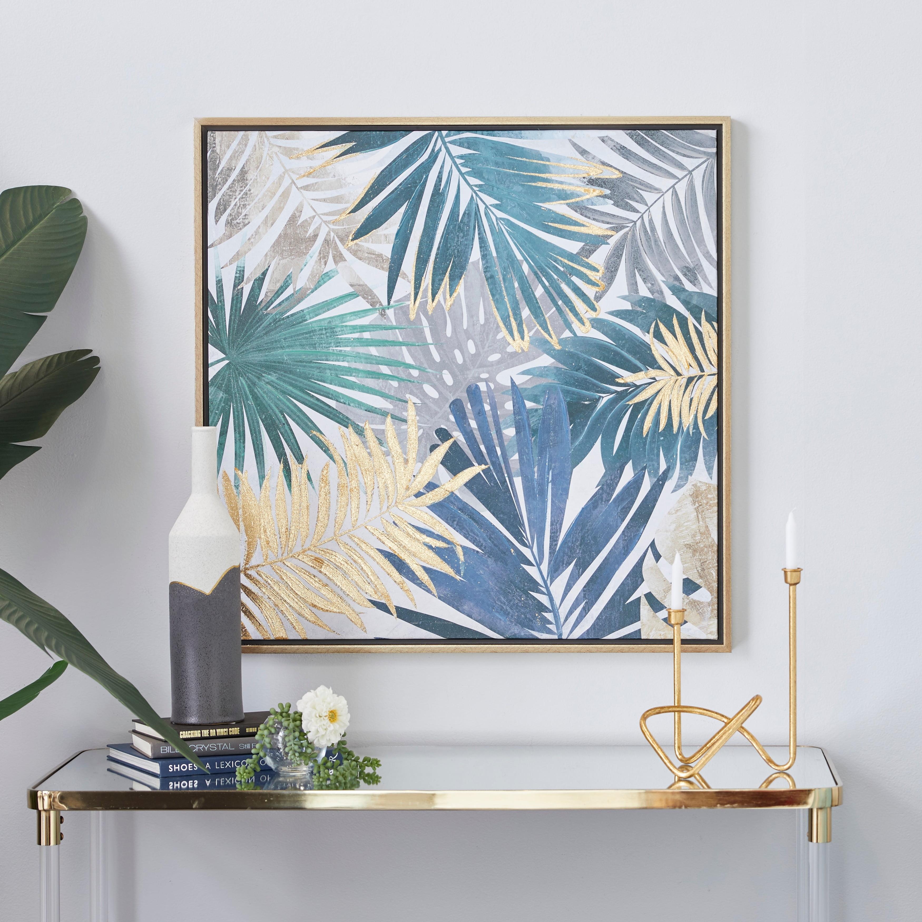 32" Blue and Gold Tropical Leaf Framed Canvas Wall Art