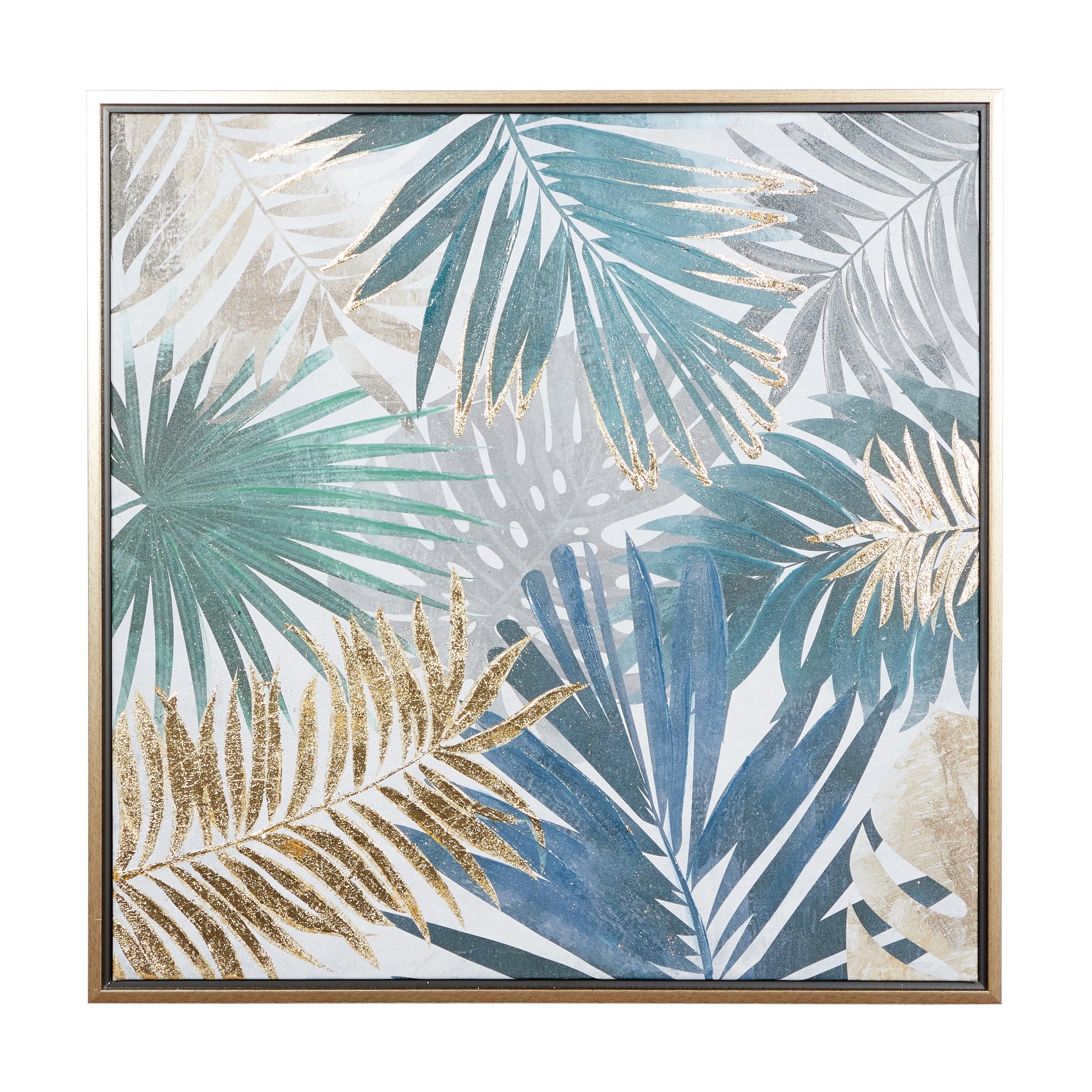 32" Blue and Gold Tropical Leaf Framed Canvas Wall Art