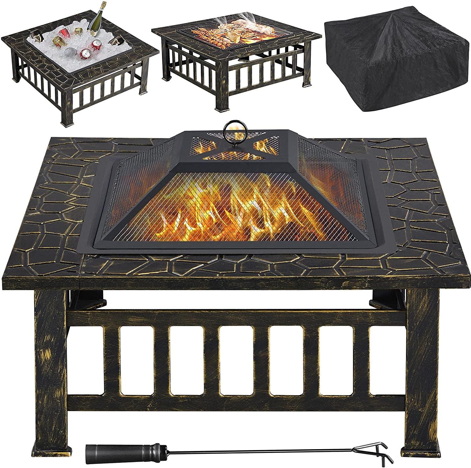 Topeakmart 32'' Outdoor Metal Square Fire Pit with Cover & Poker, Bronze