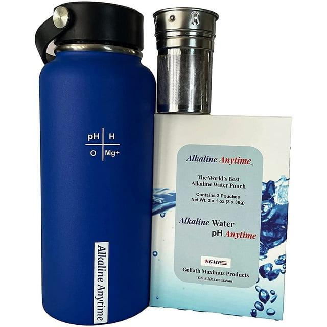 32oz. Alkaline Water Bottle Stainless Steel | Creates pH Water up to 9.5+ pH | Wide Mouth Vacuum Insulated With Handle | Micromesh Pouch and Infuser