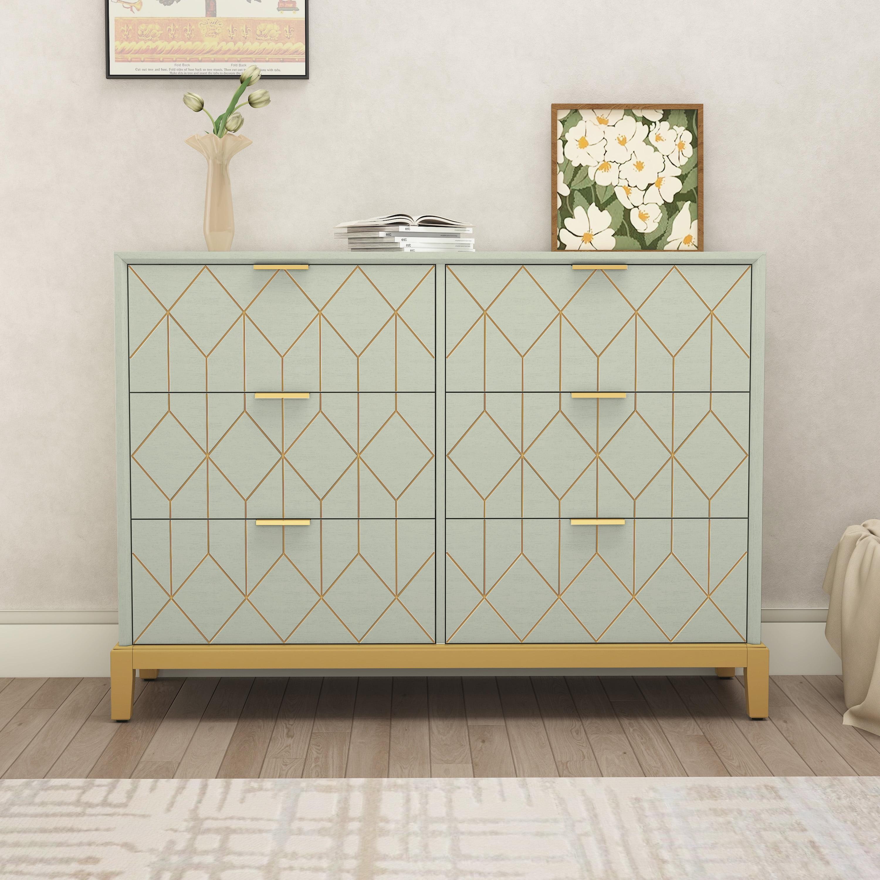 Green and Gold Geometric 6-Drawer MDF Dresser