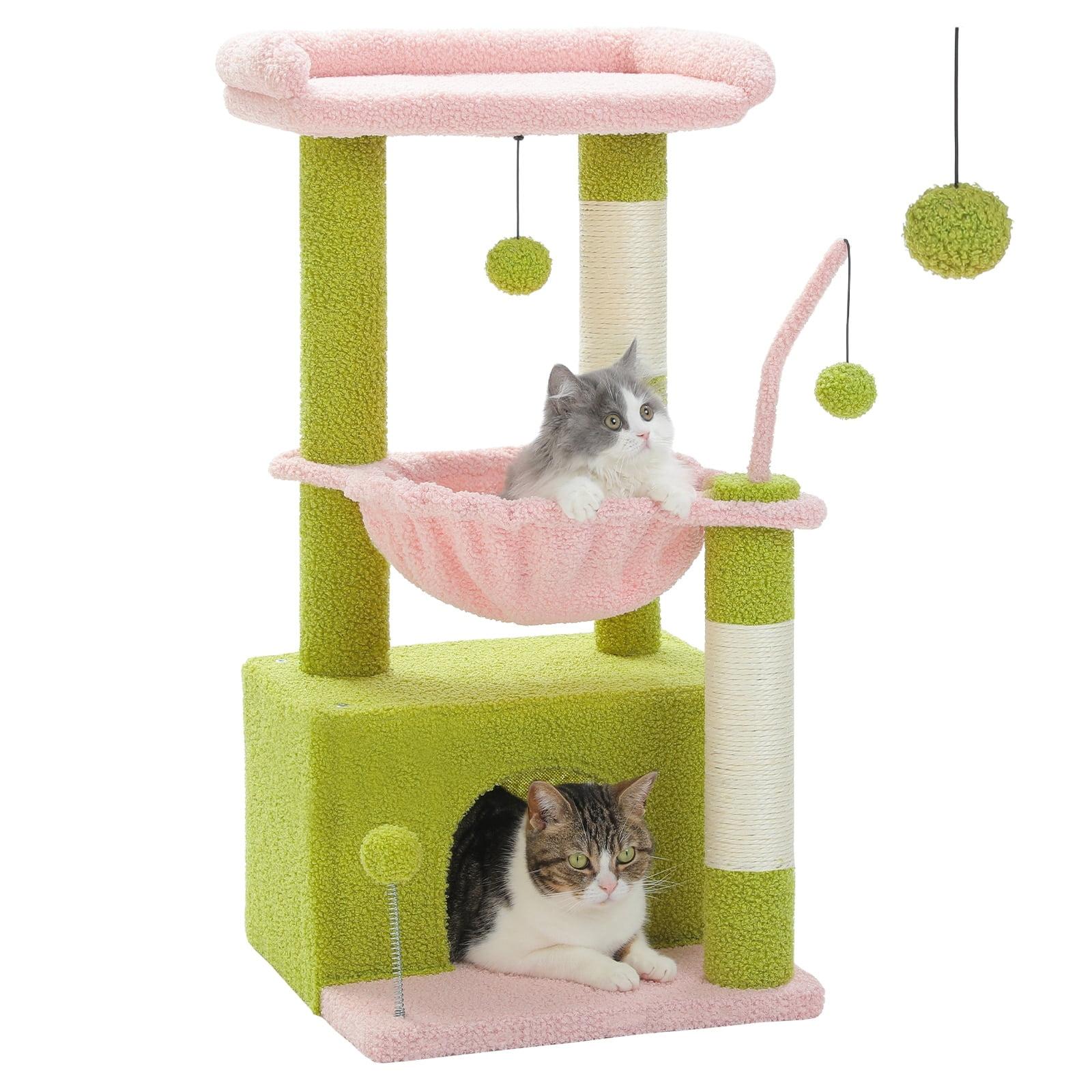 PEQULTI 4-In-1 Multi-Level Cat Tower, 33'' Pink Cat Tree For Indoor Cats With Large Cat Condo, Cat Scratching Post For Cats With Deep Hammock& Cozy Top Perch