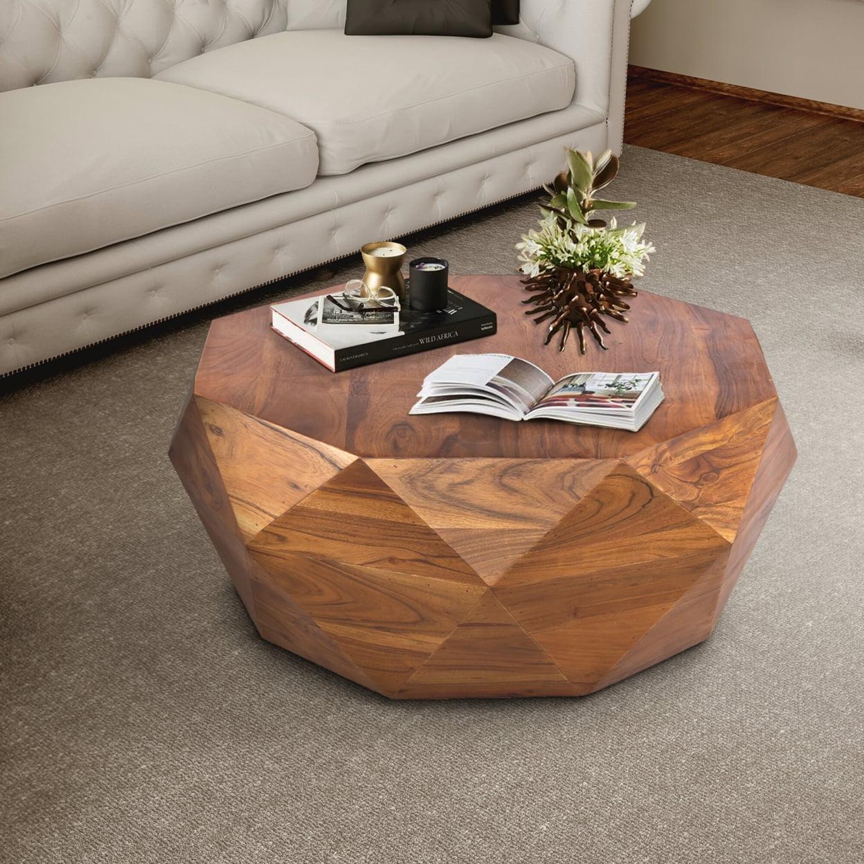 Octagonal Diamond-Patterned Acacia Wood Coffee Table in Natural Brown