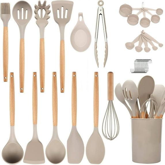 33 Pcs Silicone Kitchen Utensils Set, Khaki Kitchen Cooking Utensils Set with Natural Hard Wood Handle, Silicone Utensils Set with Holder, Heat Resistant, BPA Free, Non Toxic