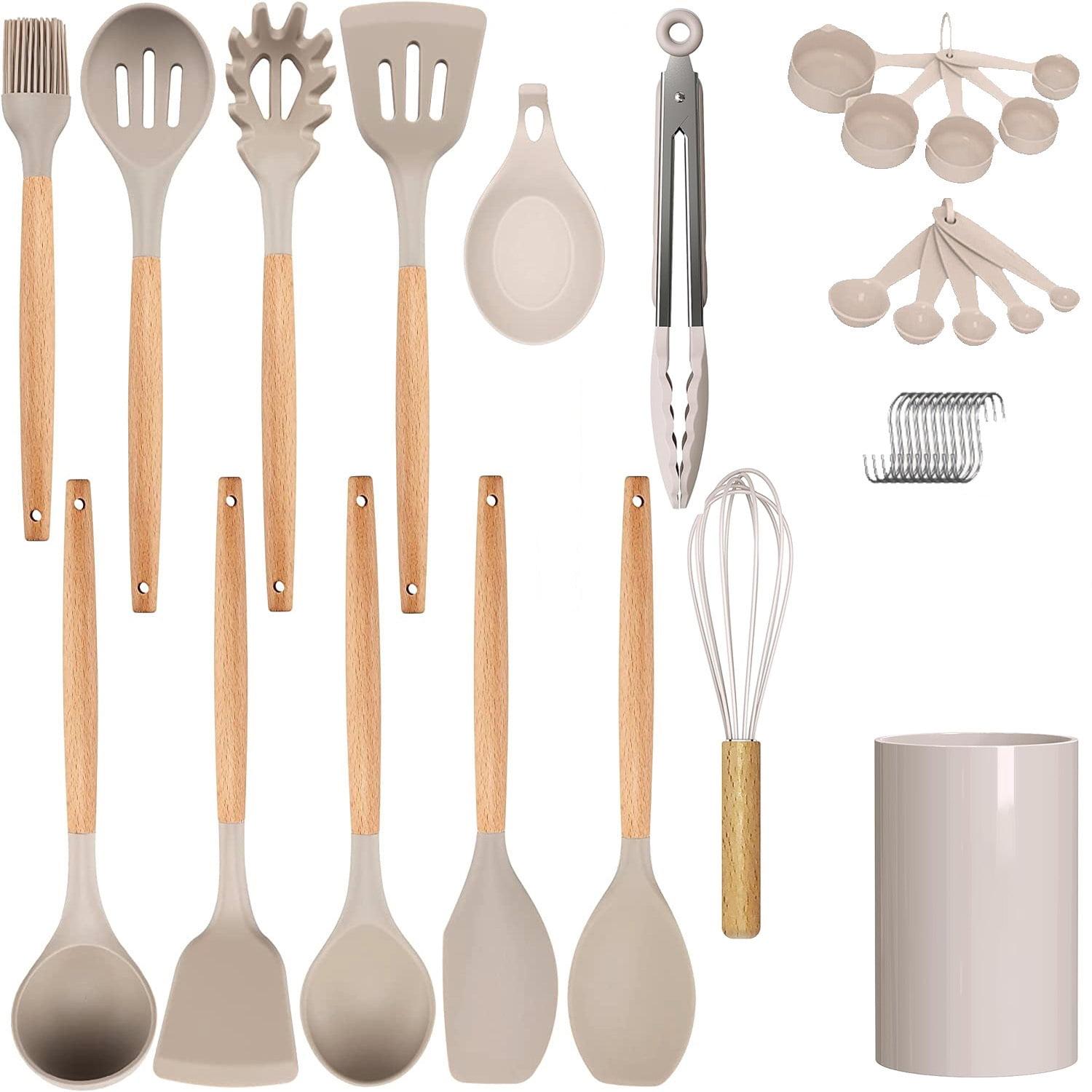 33 Pcs Silicone Kitchen Utensils Set, Khaki Kitchen Cooking Utensils Set with Natural Hard Wood Handle, Silicone Utensils Set with Holder, Heat Resistant, BPA Free, Non Toxic