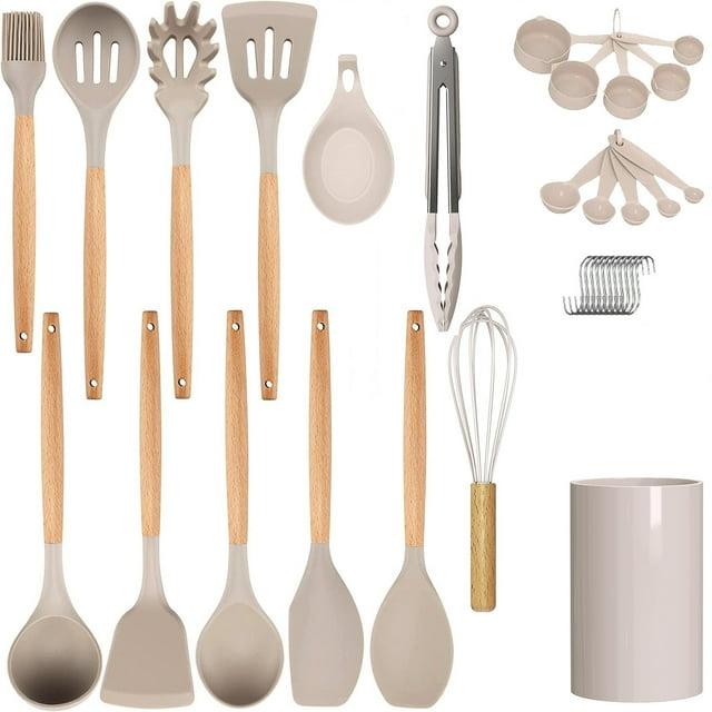 33 Pcs Silicone Kitchen Utensils Set, Khaki Kitchen Cooking Utensils Set with Natural Hard Wood Handle, Silicone Utensils Set with Holder, Heat Resistant, BPA Free, Non Toxic