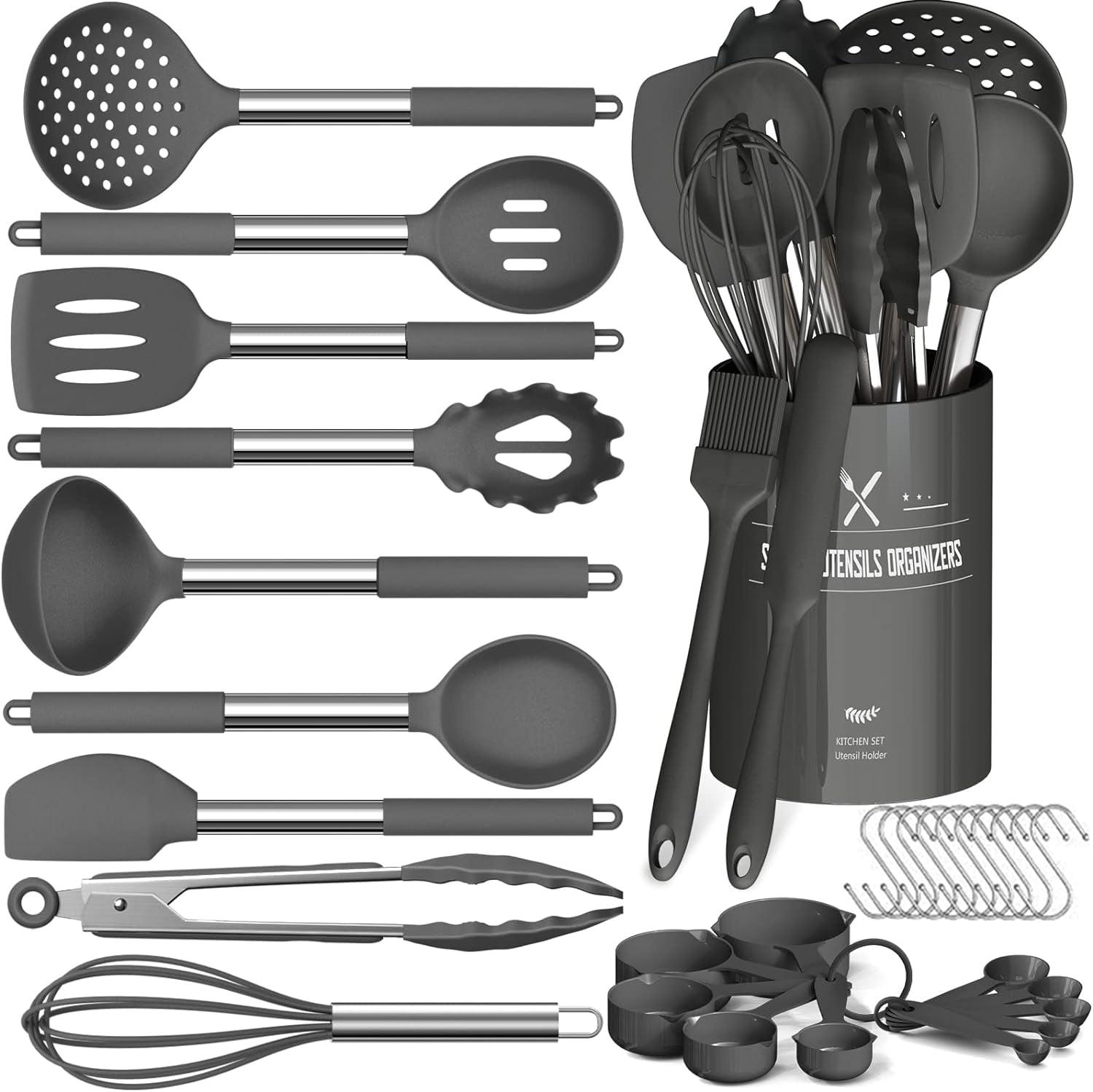 33-Piece Gray Silicone and Stainless Steel Kitchen Utensil Set