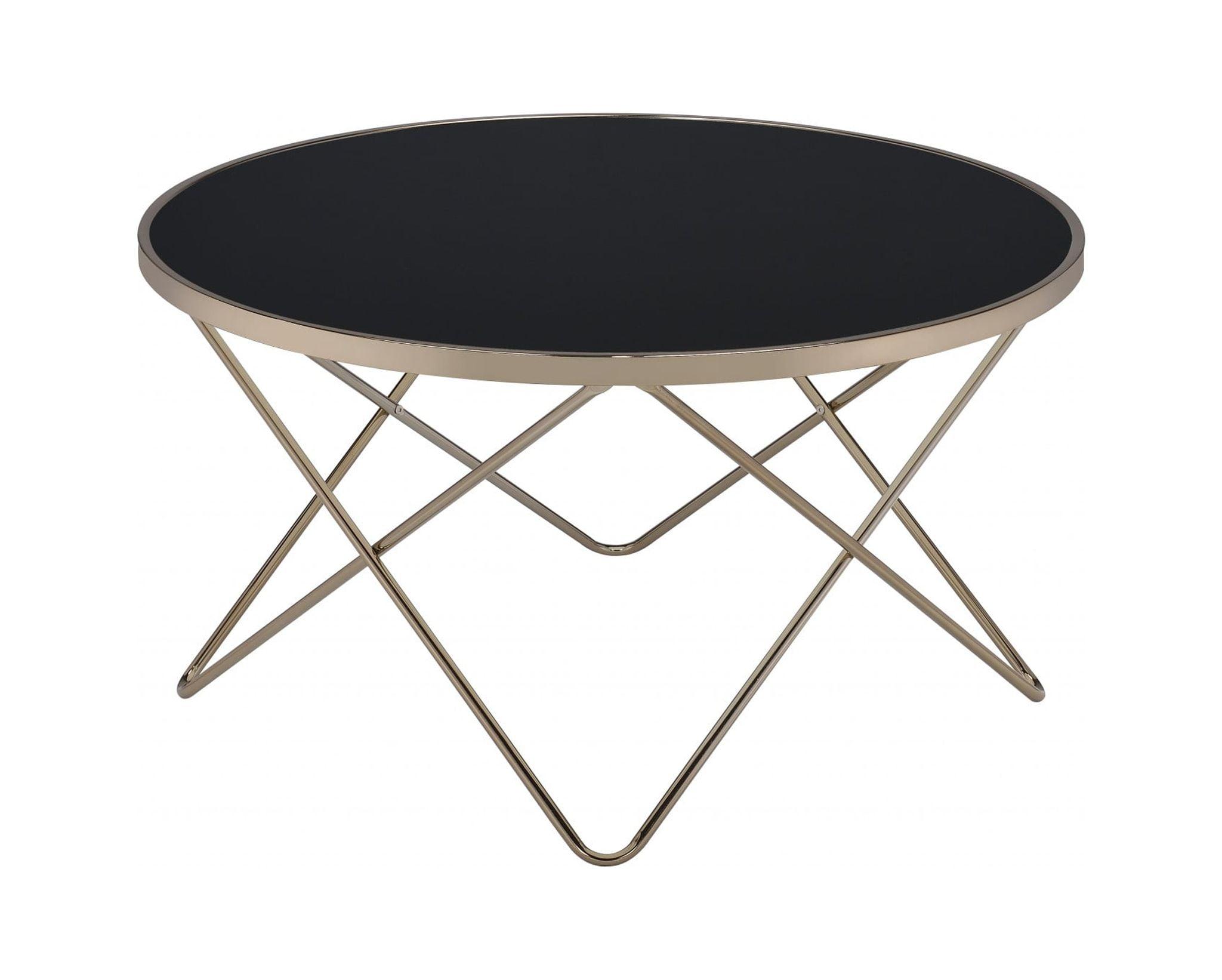 34" Black Glass and Gold Iron Round Coffee Table