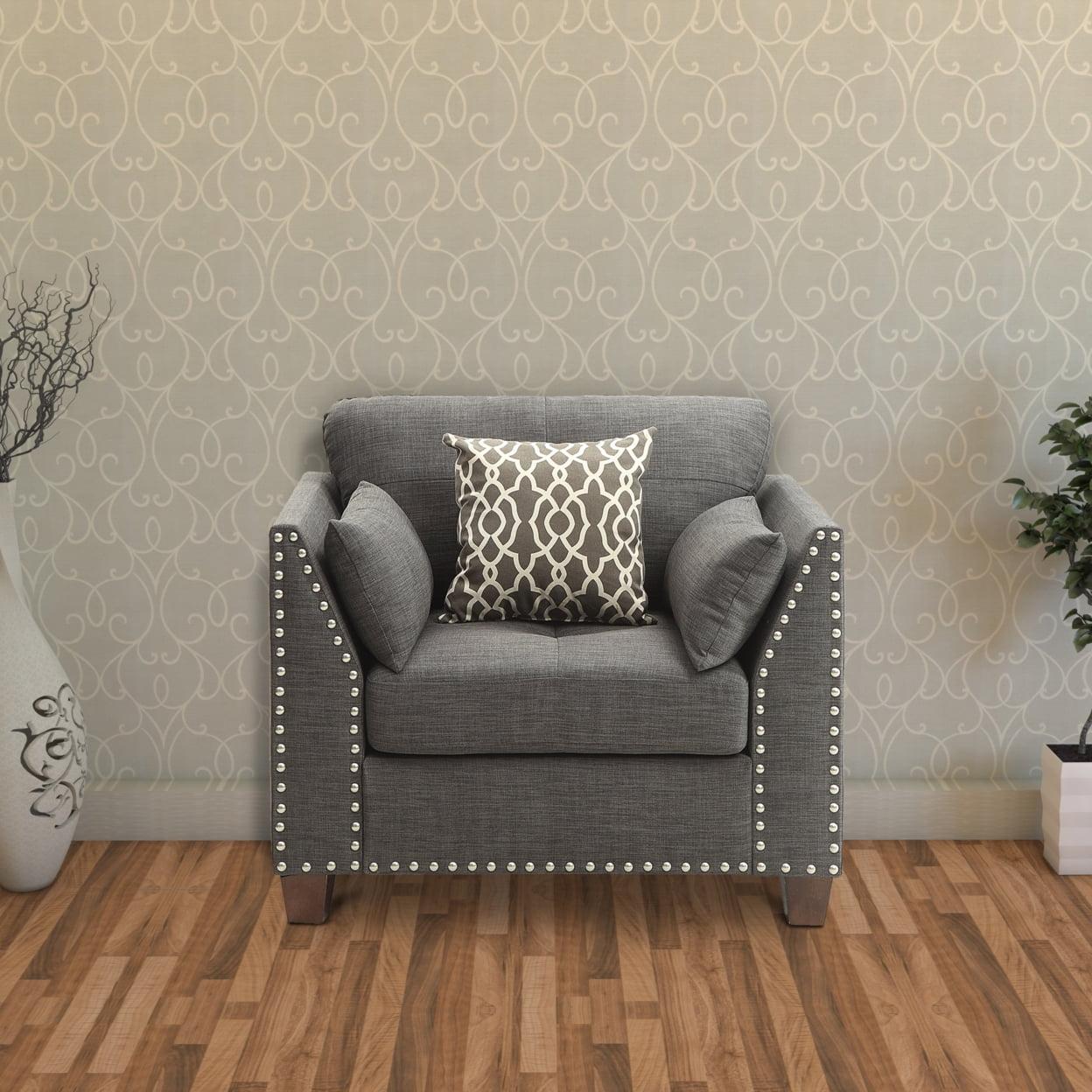 Gray Nailhead Trim Wood Accent Chair with Pillows