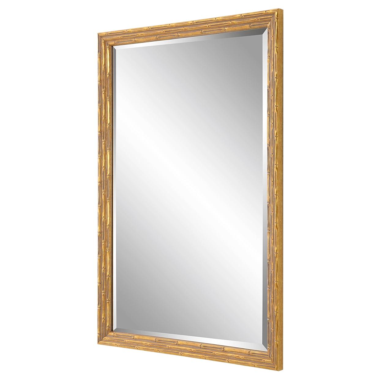 34 Inch Wood Rectangular Wall Mirror, Bamboo Design, Gold, Gray, Saltoro Sherpi