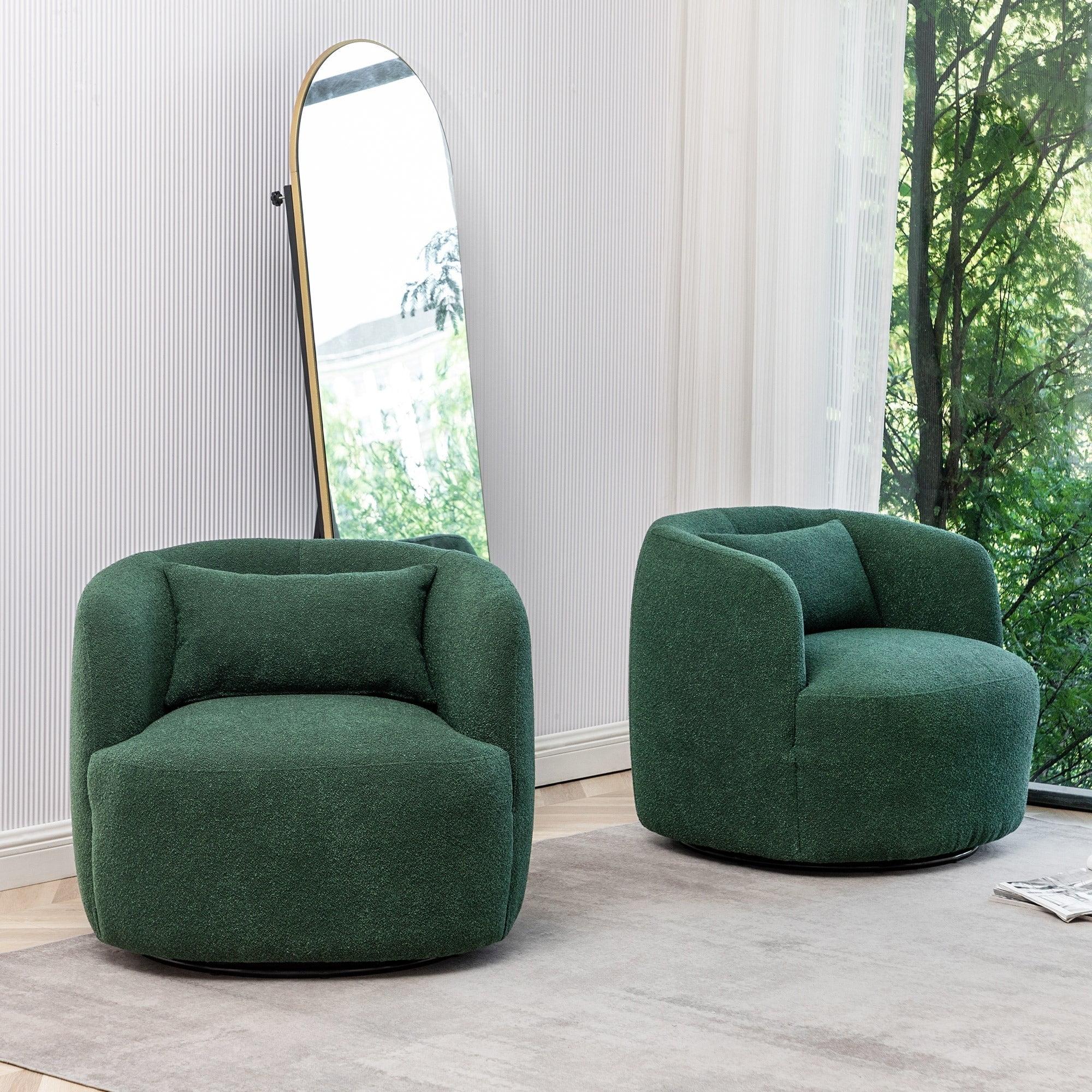 Green Boucle Swivel Barrel Armchair Set with Wood Frame