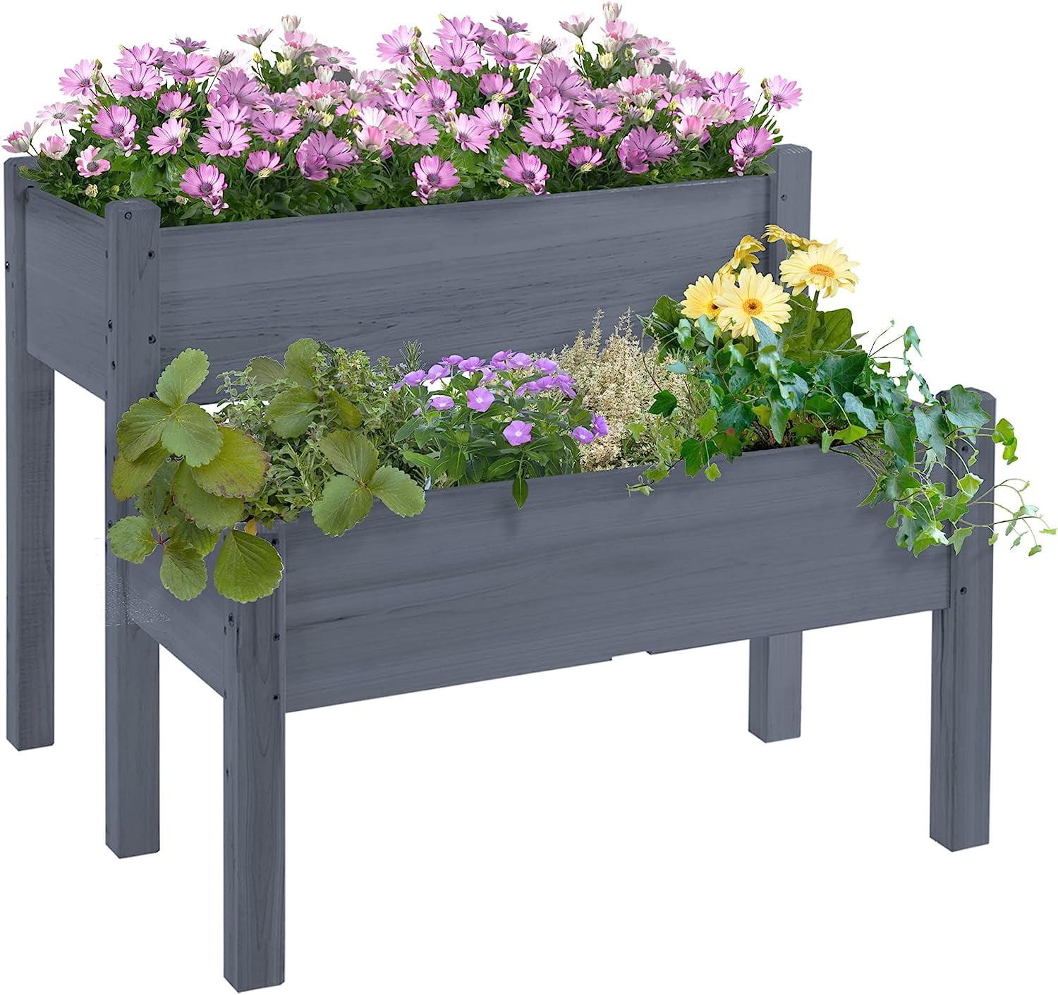 Outsunny 34"x34"x28" Raised Garden Bed 2-Tier Wooden Planter Box for Backyard, Patio to Grow Vegetables, Herbs, and Flowers