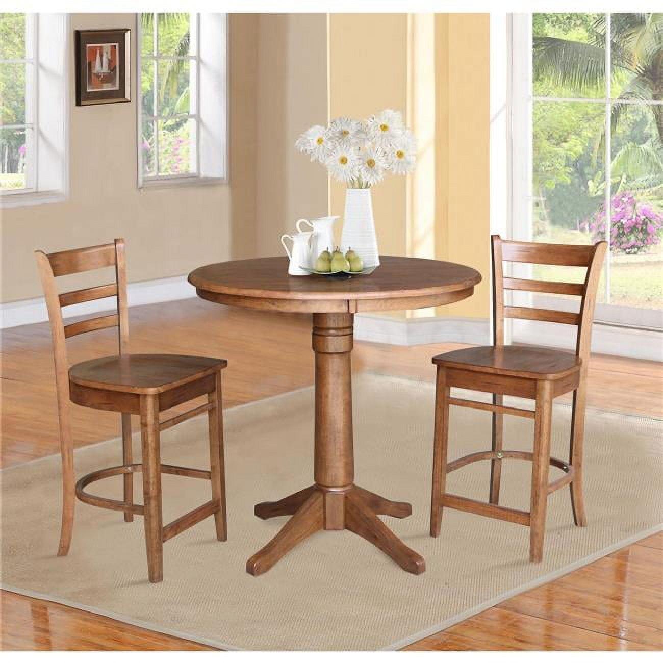 Distressed Oak 36" Round Pedestal Table with 2 Counter Stools