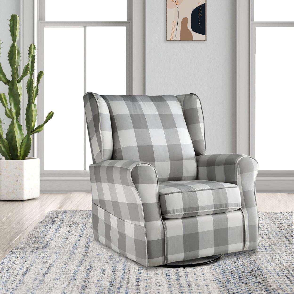 Gray Plaid Swivel Accent Chair with Metal Base