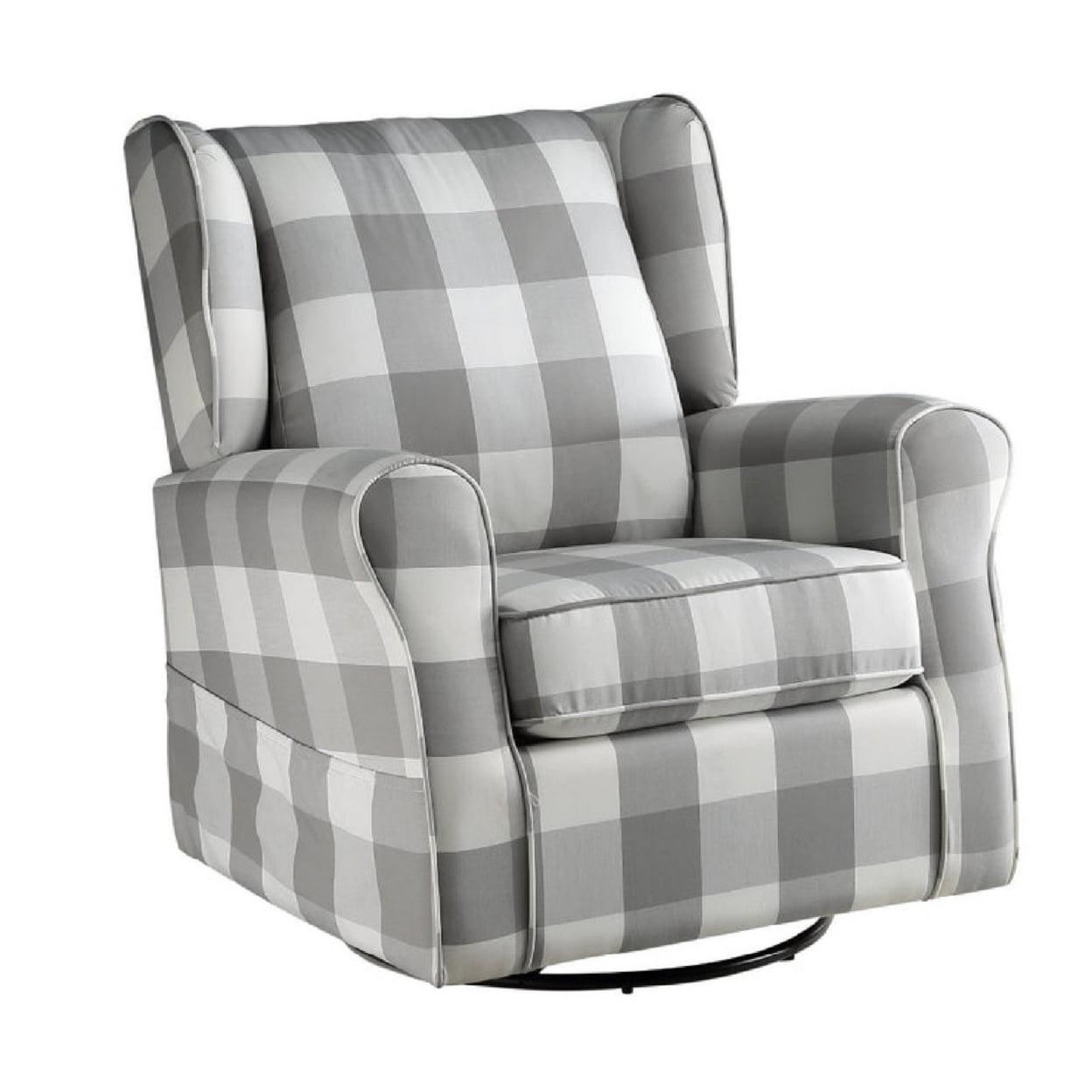 Gray Plaid Swivel Accent Chair with Metal Base