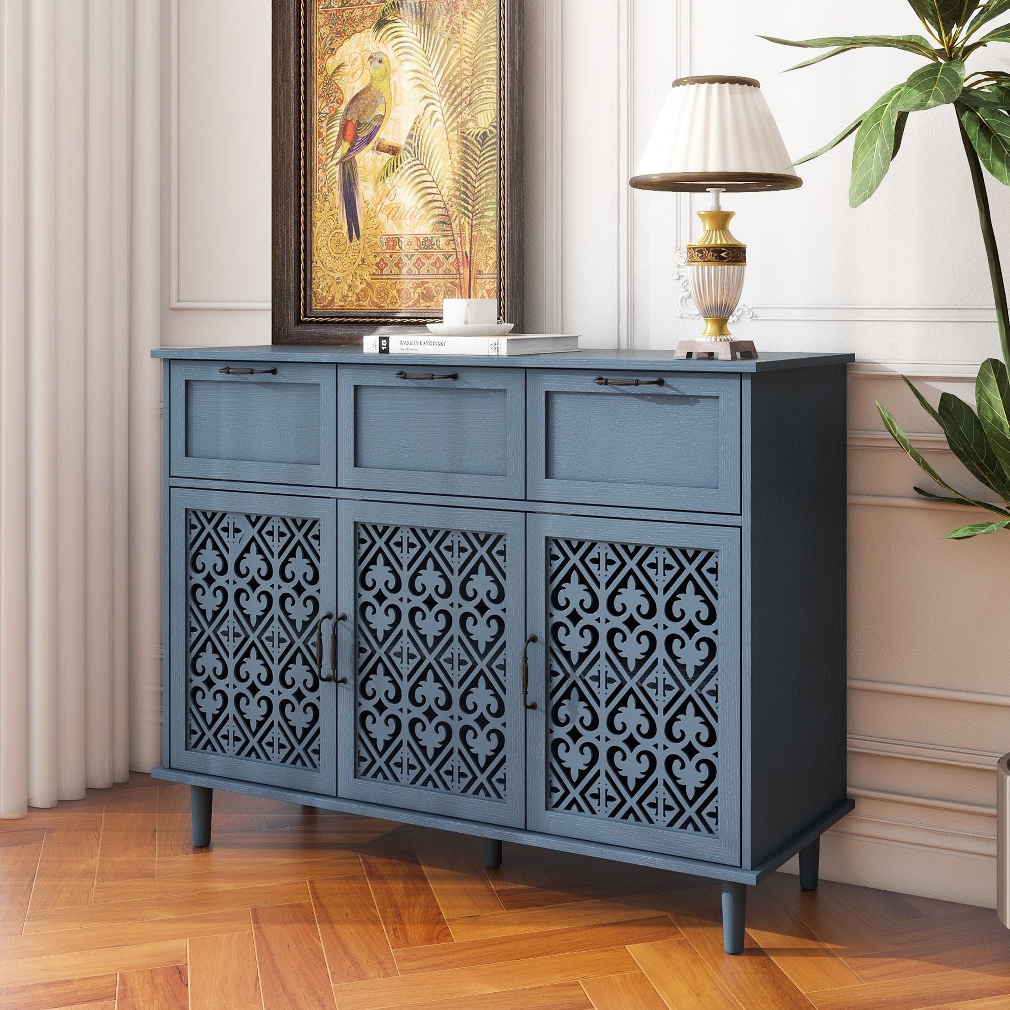 Blue 35" Lockable Carved 3-Door 3-Drawer Accent Cabinet