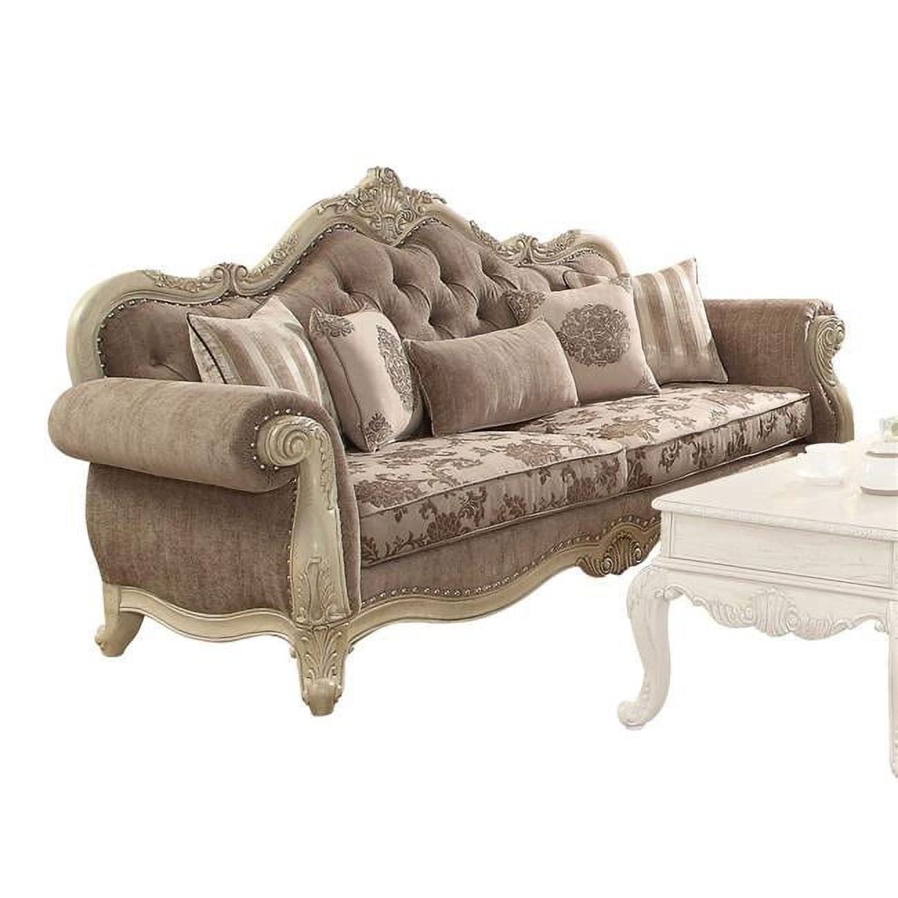 Elegant Gray Velvet Tufted Sofa with Floral Rolled Arms and Nailhead Accents