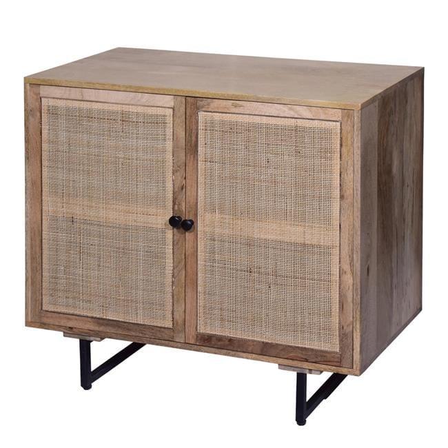 35-Inch Natural Mango Wood Accent Cabinet with Black Iron Legs and Rattan Doors