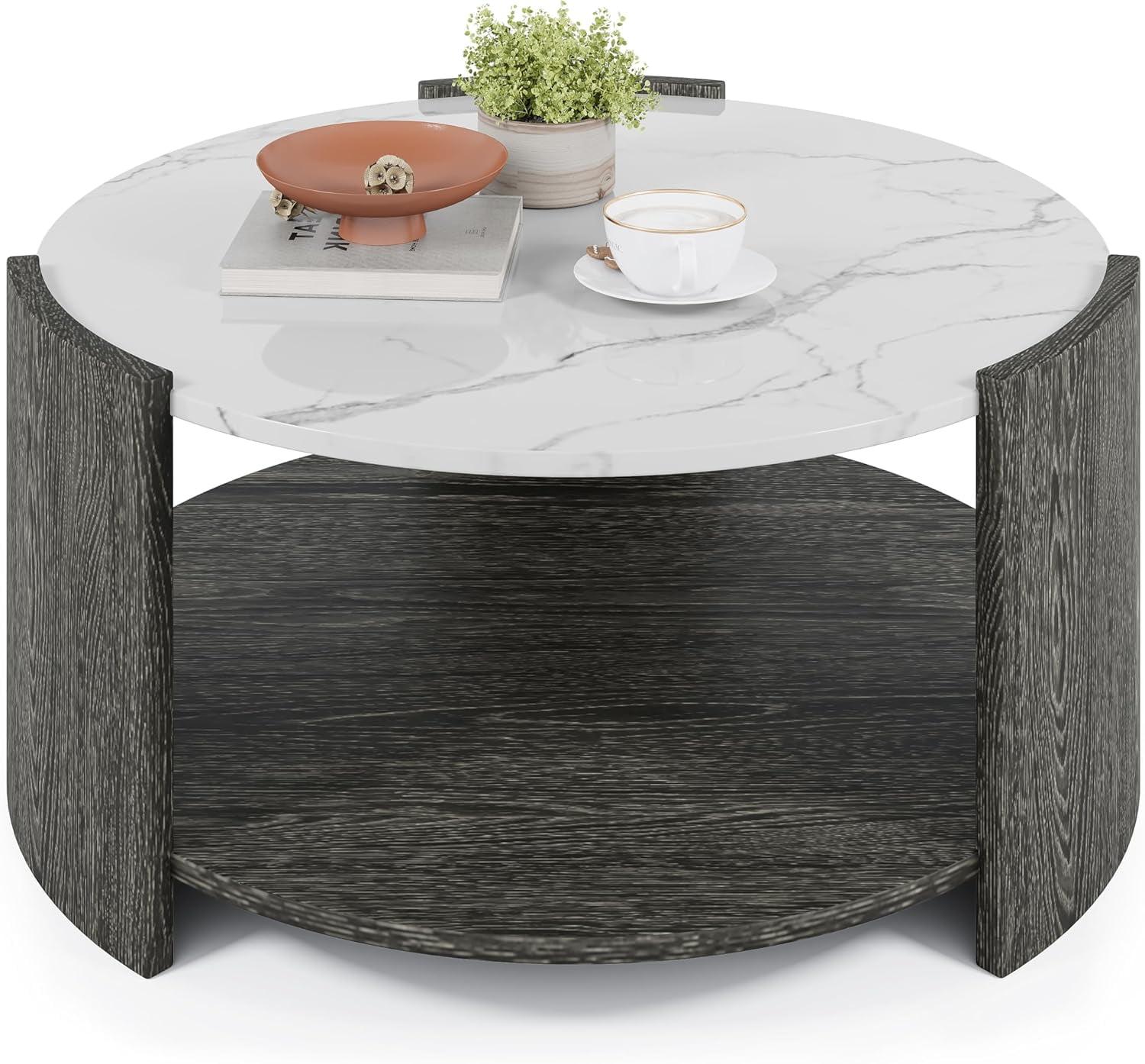 36" Marbled Top Round Coffee Table with Storage Shelf