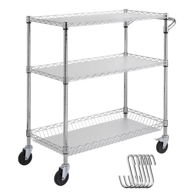 VEVOR 3-Tier Utility Cart Rolling Cart on Wheels 35"x18"x35.5" 661 lbs 6 Hooks