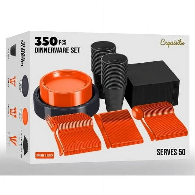 Crown Display 350 Piece Black and Orange Halloween Disposable Plastic Dinnerware party set- Serves 50