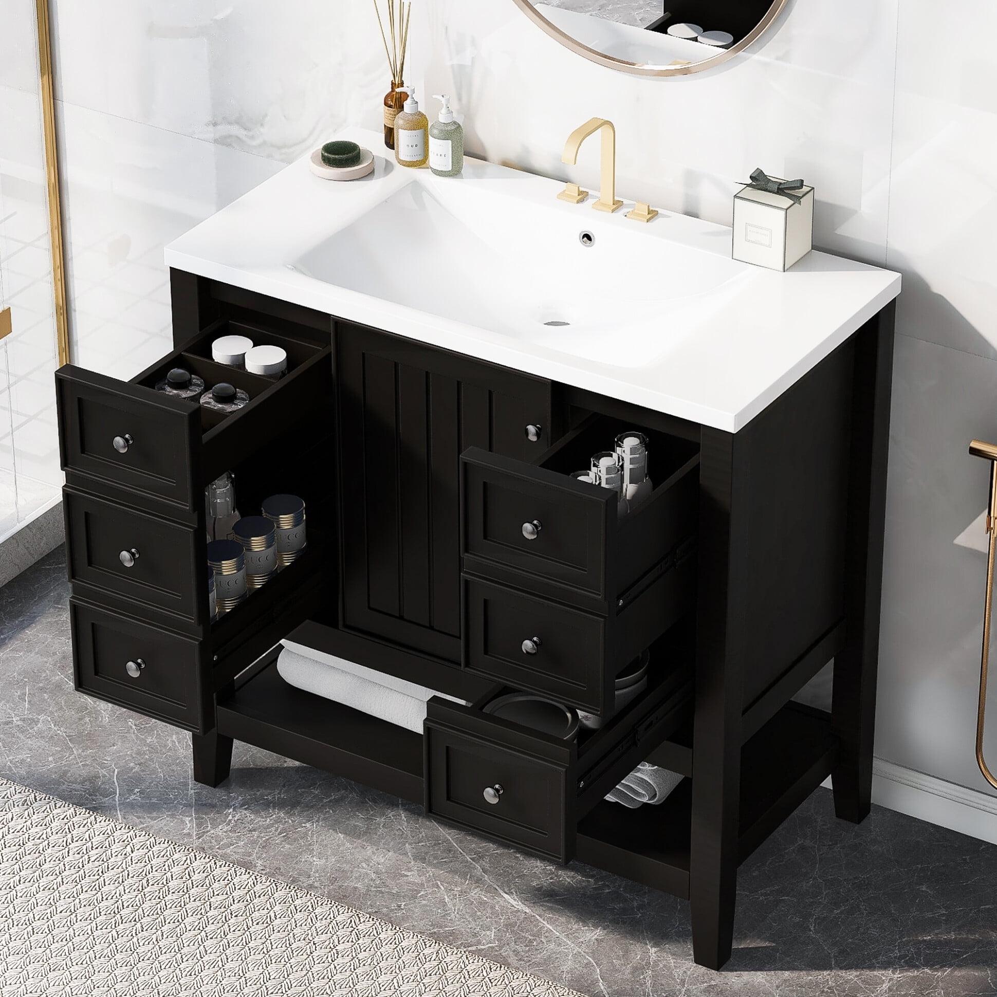 36" Bathroom Cabinet Vanity with Sink Combo, Bathroom Storage Cabinet with 3 Drawers and Two Doors, Solid Wood Frame and MDF Board (Black)