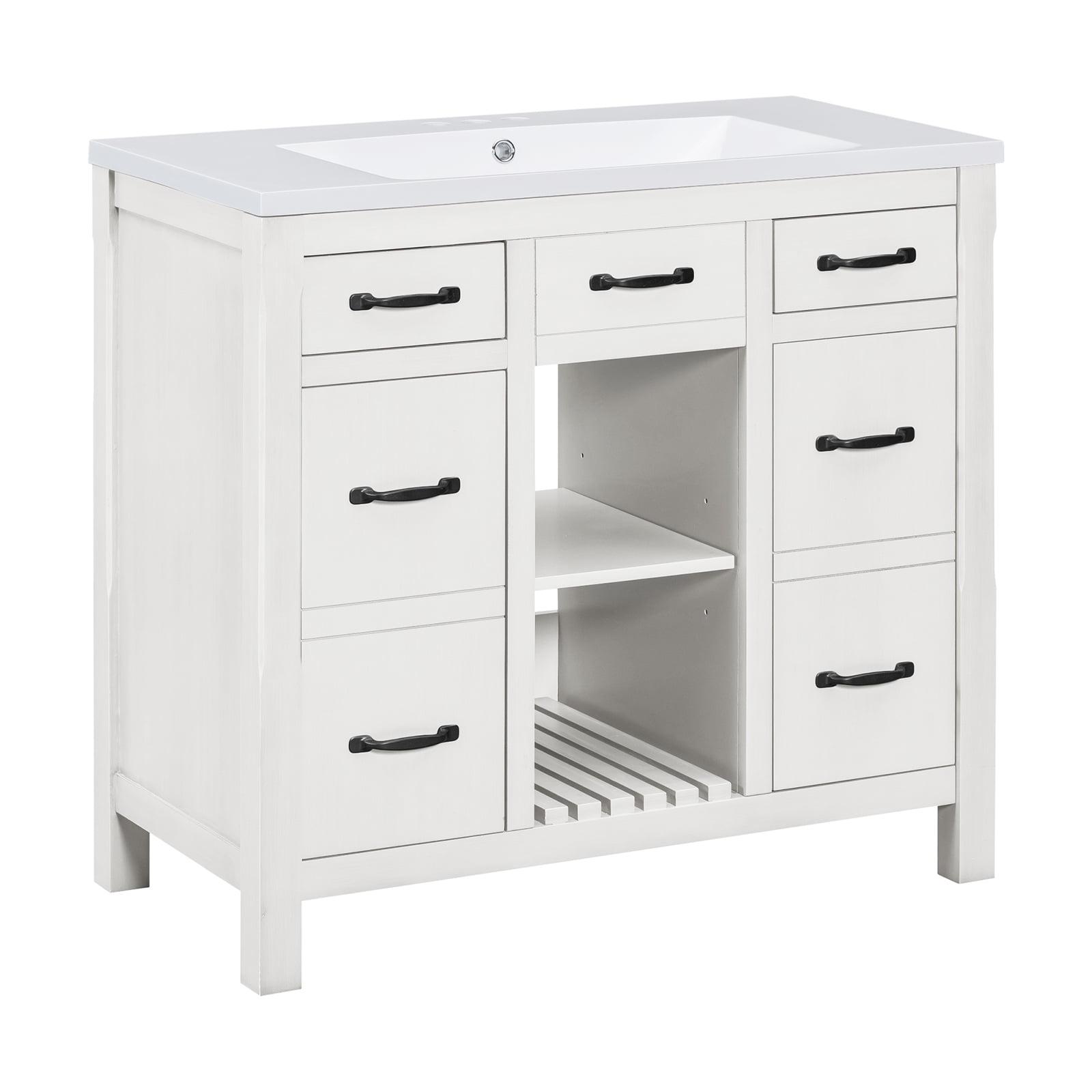 36'' White Solid Wood Bathroom Vanity with Ceramic Sink