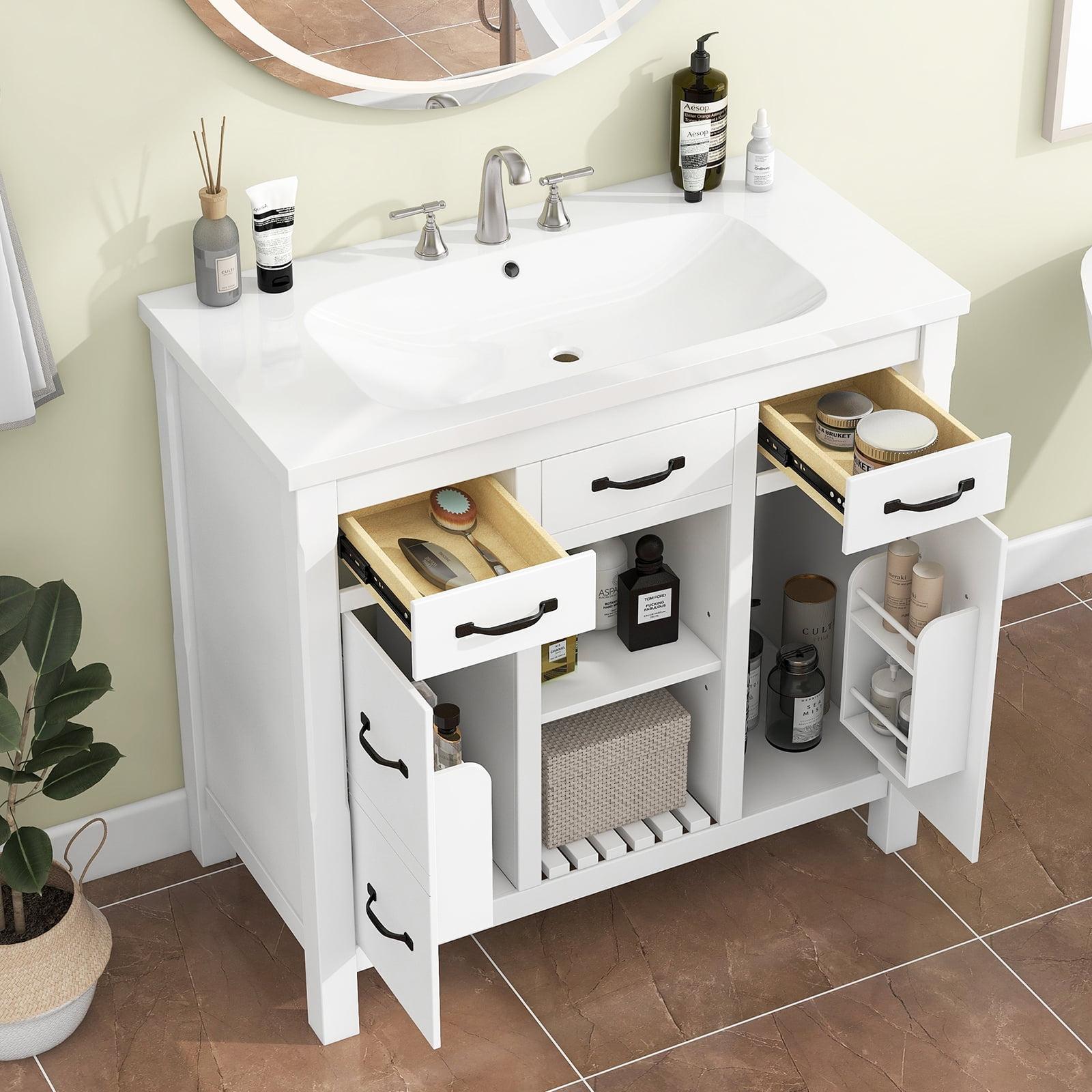 White Solid Wood Bathroom Vanity with Sink and Storage